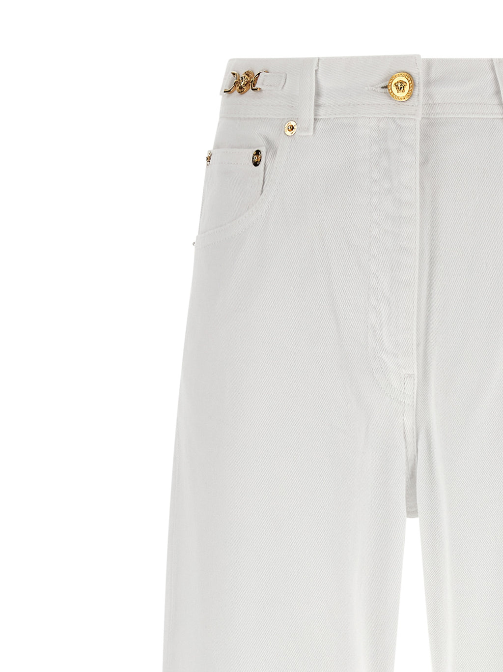 Jeans droits en coton blanc de Versace, style classique et élégant, affichant une coupe droite et des détails soignés.