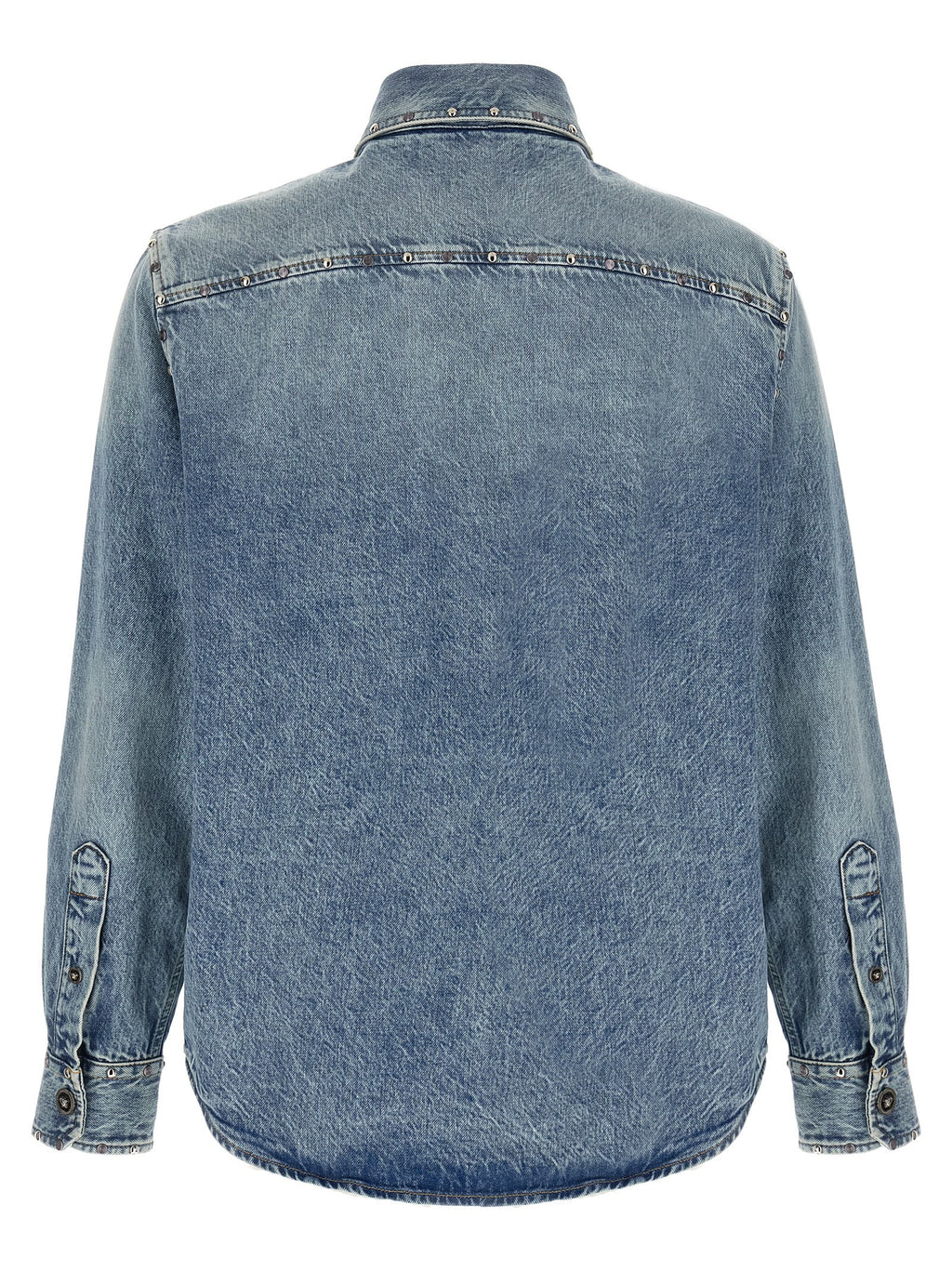 Chemise en coton bleue Versace, élégante blouse féminine avec logo Versace visible, détails sophistiqués et coupe classique.