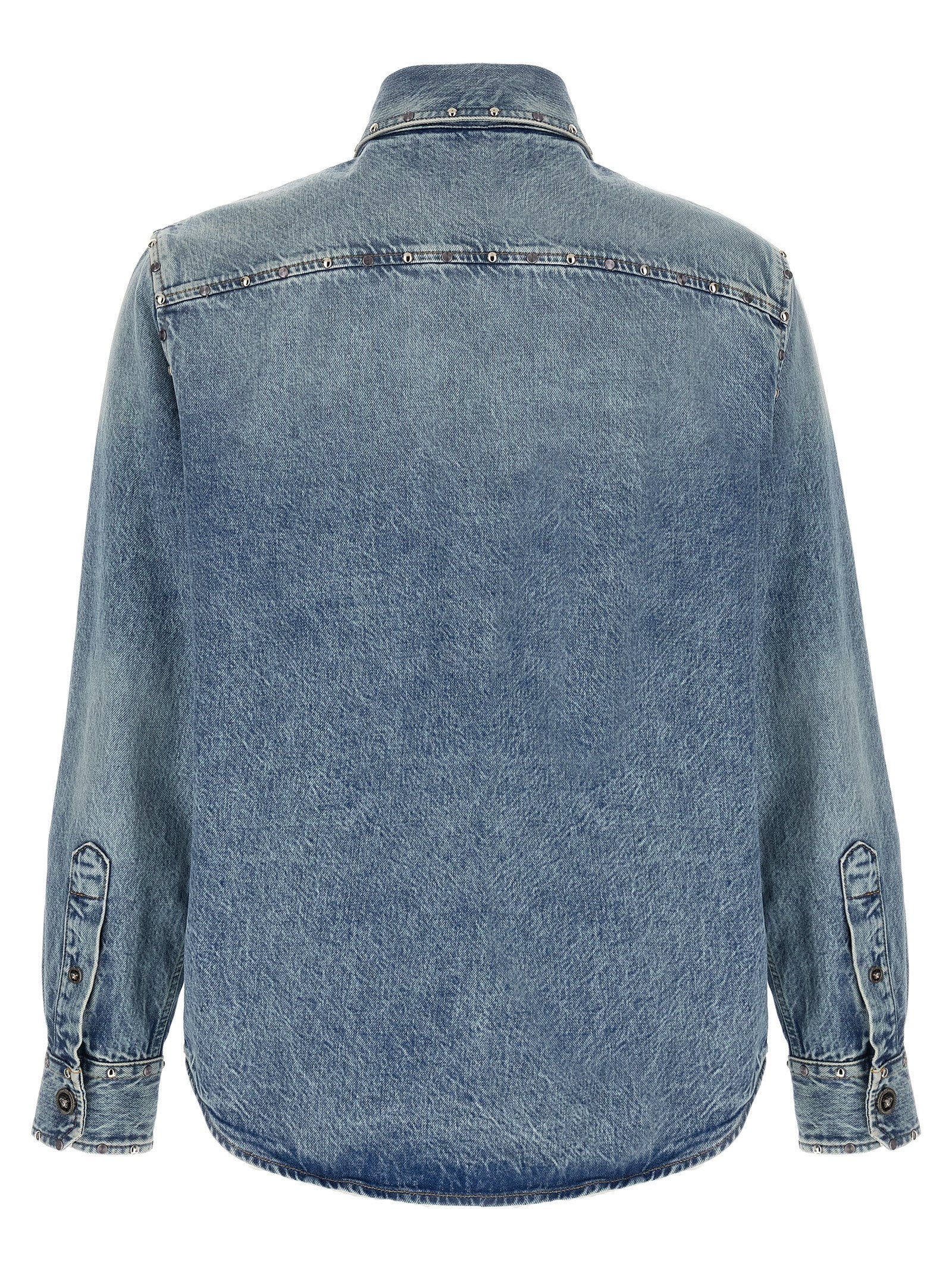Chemise en coton bleue Versace, élégante blouse féminine avec logo Versace visible, détails sophistiqués et coupe classique.