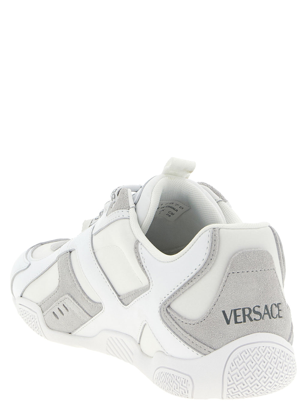 Chaussures de sport blanches Versace en cuir de veau, baskets athlétiques élégantes avec logo distinctif.