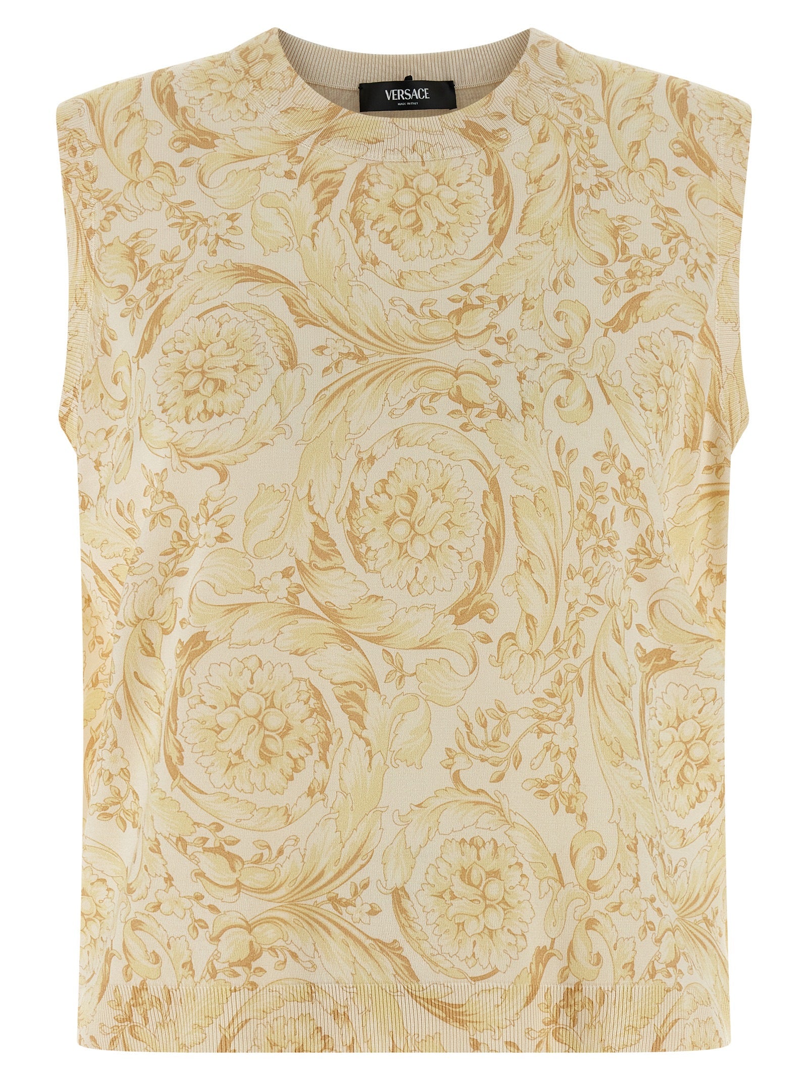 Veste sans manches en soie bicolore Versace, élégante et sophistiquée, avec détails en fibres luxueuses, vue de face.