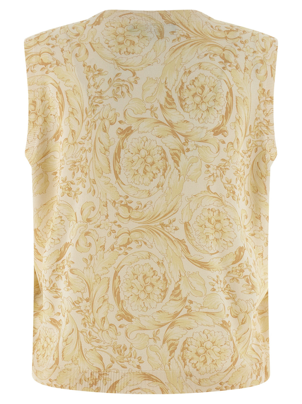 Veste sans manches en soie bicolore Versace, élégante, avec motif distinctif, portée sur un fond neutre.