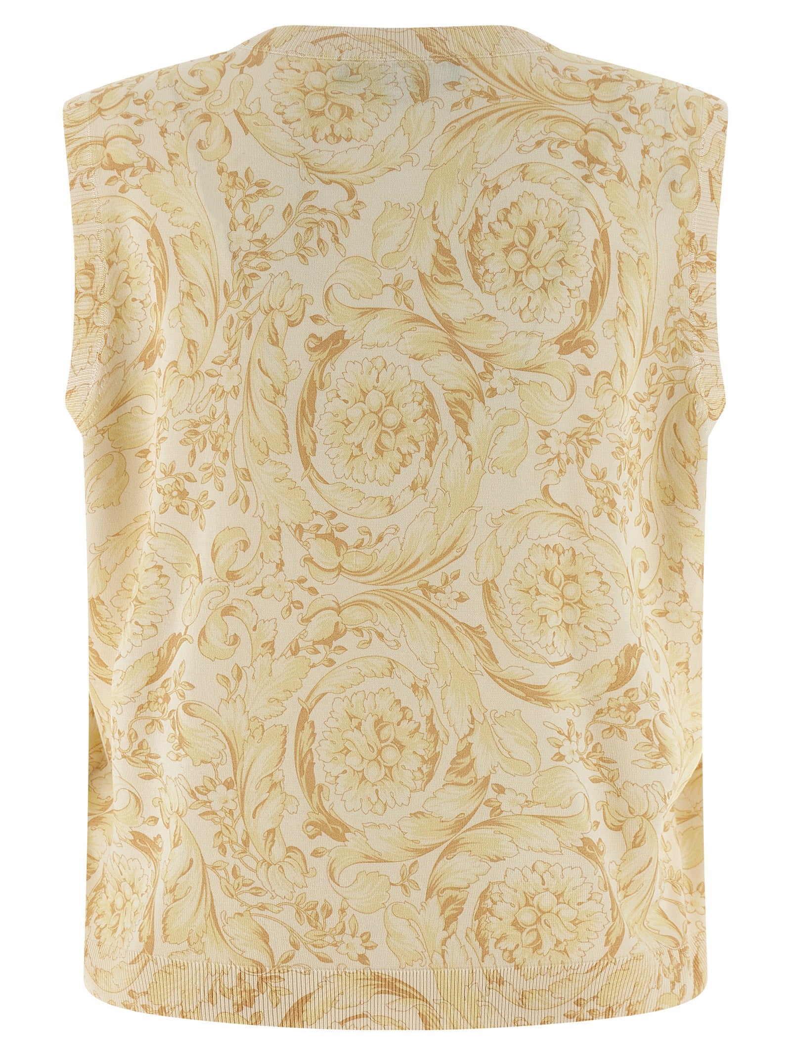 Veste sans manches en soie bicolore Versace, élégante, avec motif distinctif, portée sur un fond neutre.