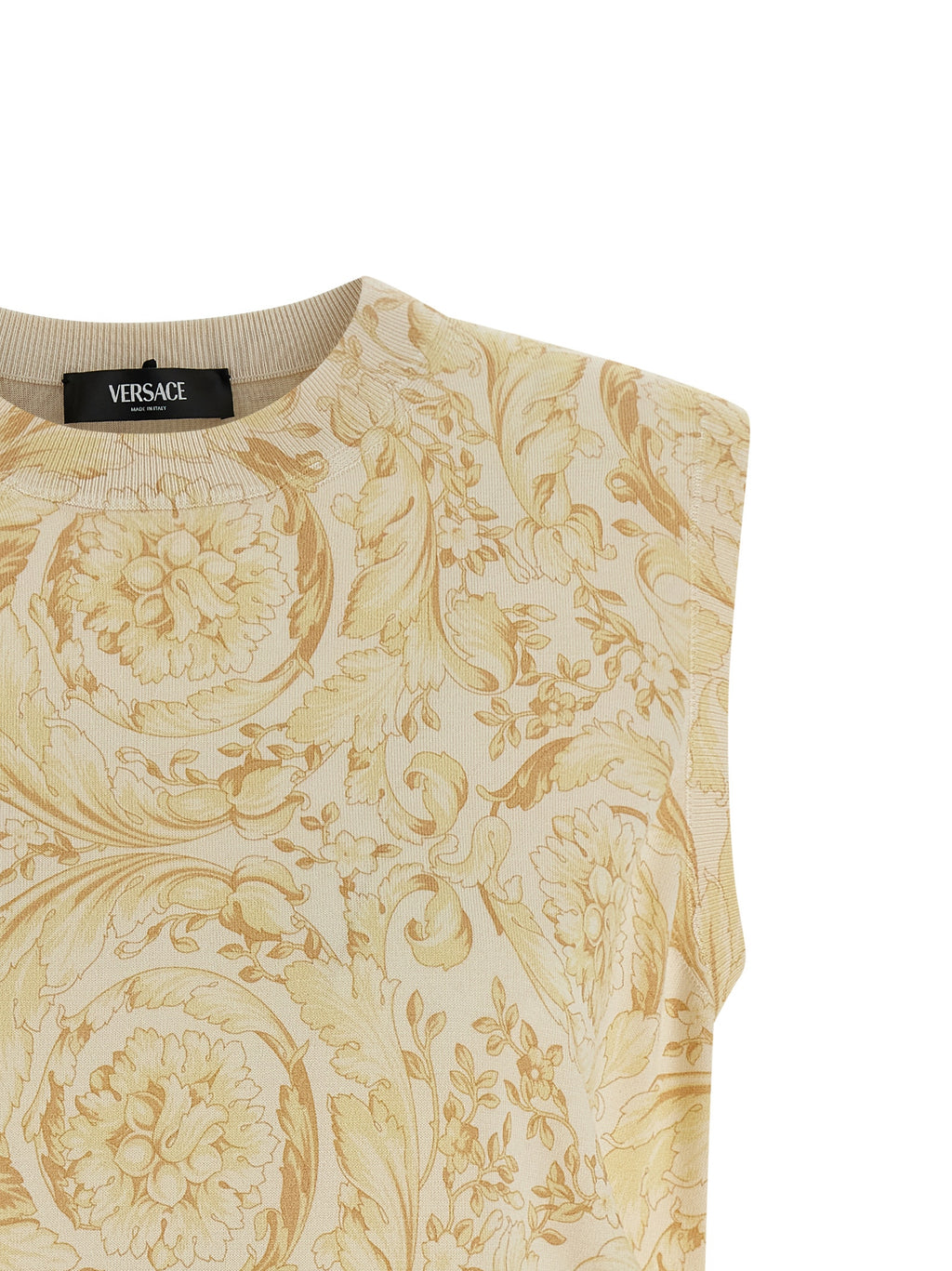 Veste sans manches en soie bicolore Versace, style élégant avec détails sophistiqués, vue en gros plan.