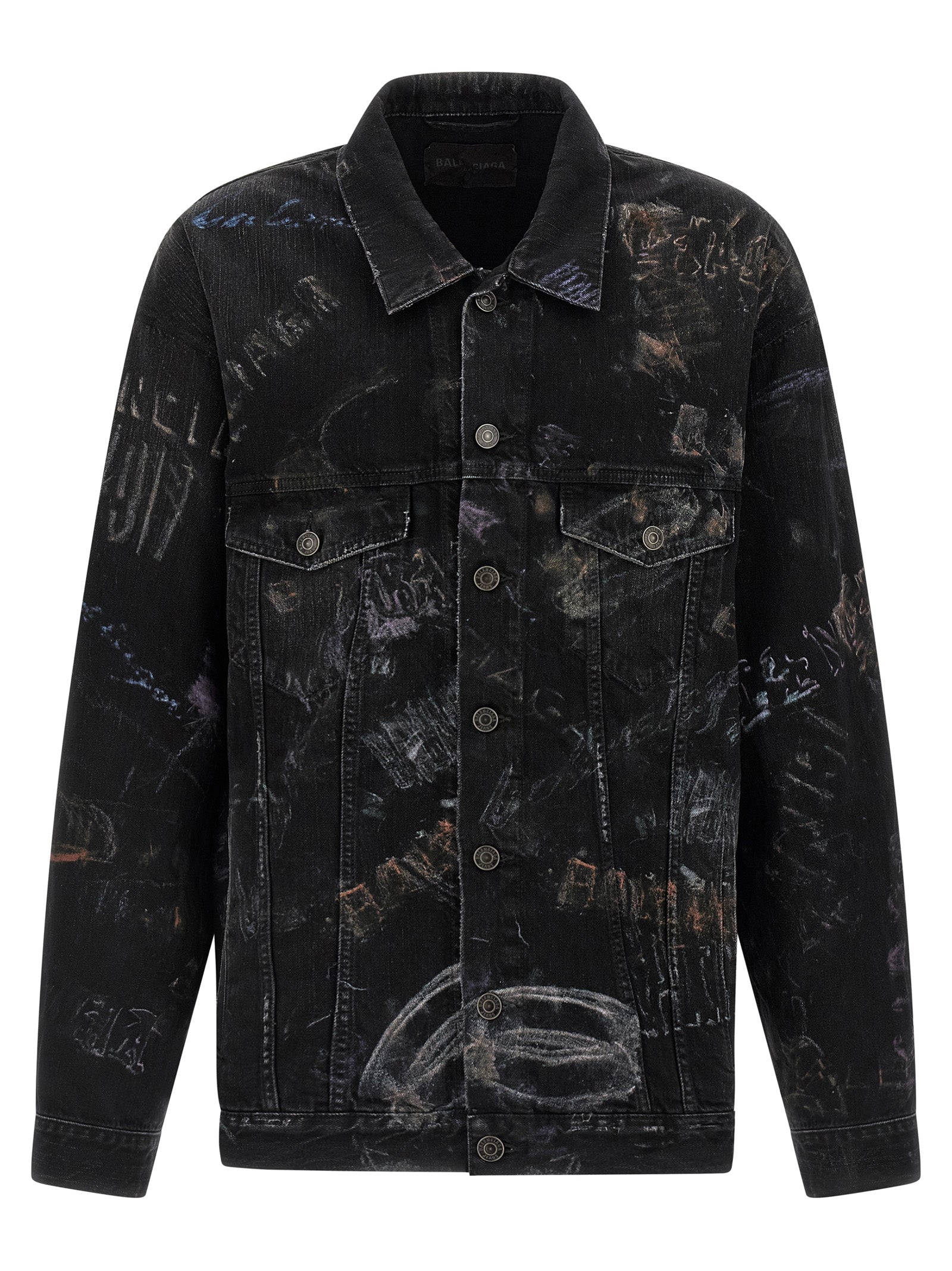 Veste en denim noir Balenciaga en coton avec coupe classique, boutons à pressions et détails modernes sur le devant.