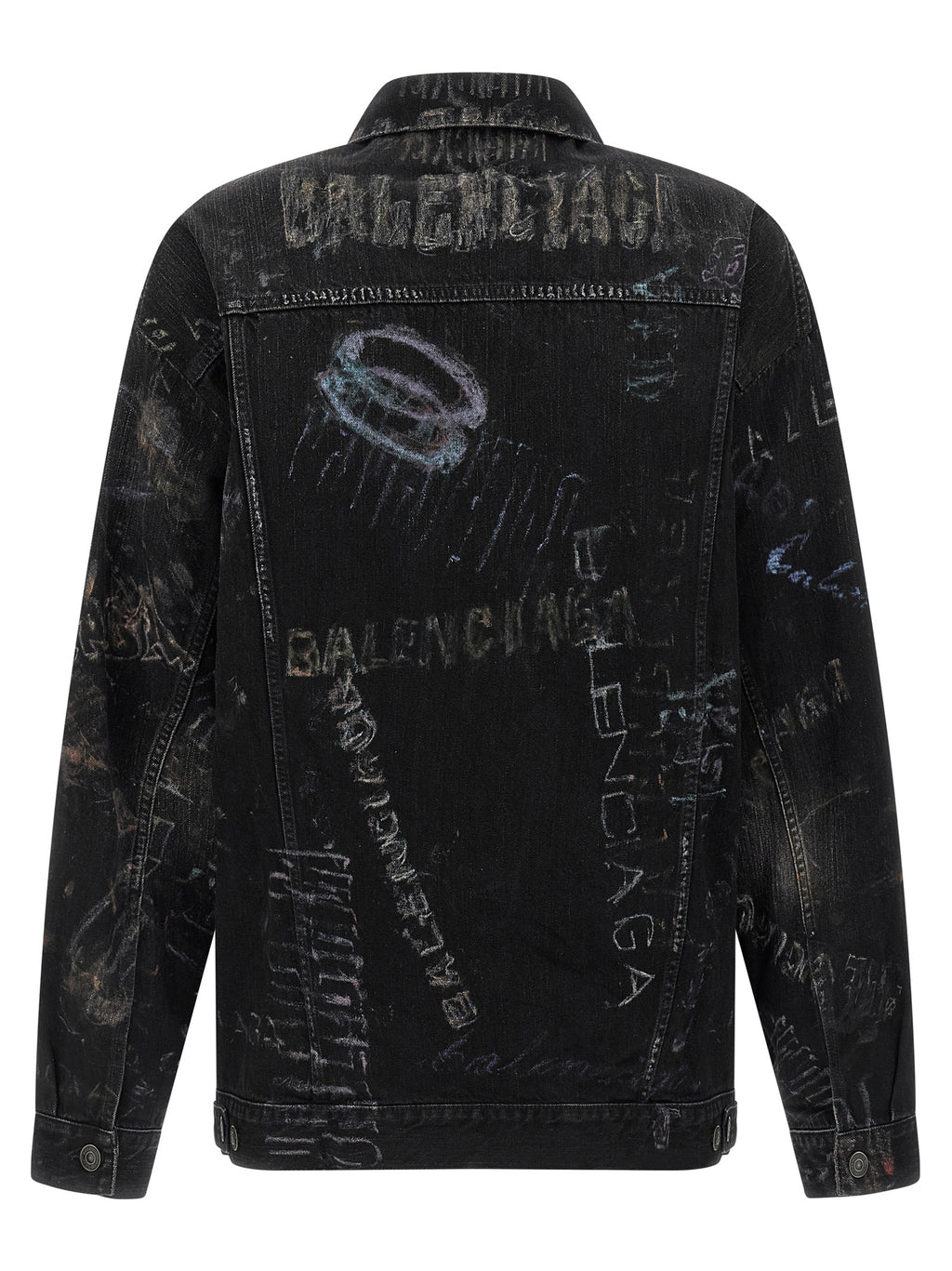 Veste en denim noir Balenciaga en coton, coupe décontractée et détails modernes, vue de face sur un fond neutre.