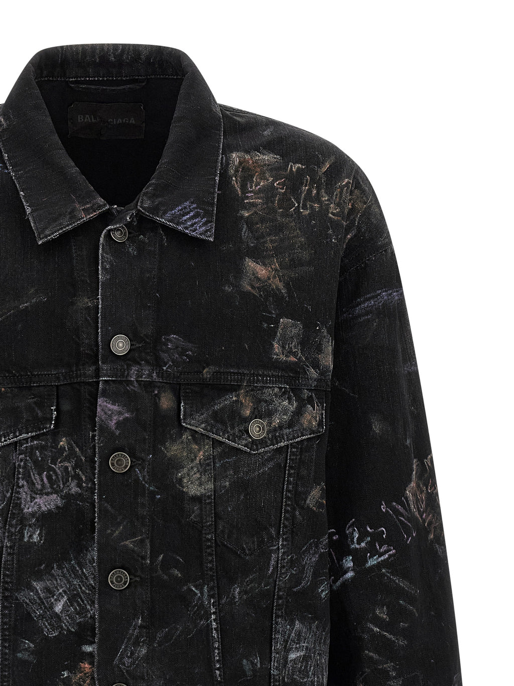 Veste en denim noir Balenciaga en coton avec coupe classique, boutons et détails modernes, vue de face.