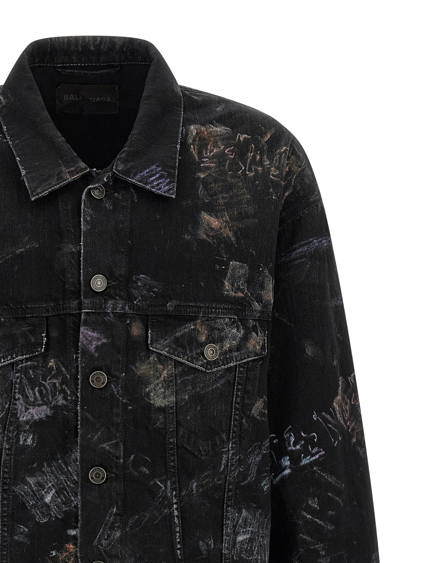 Veste en denim noir Balenciaga en coton avec coupe classique, boutons et détails modernes, vue de face.