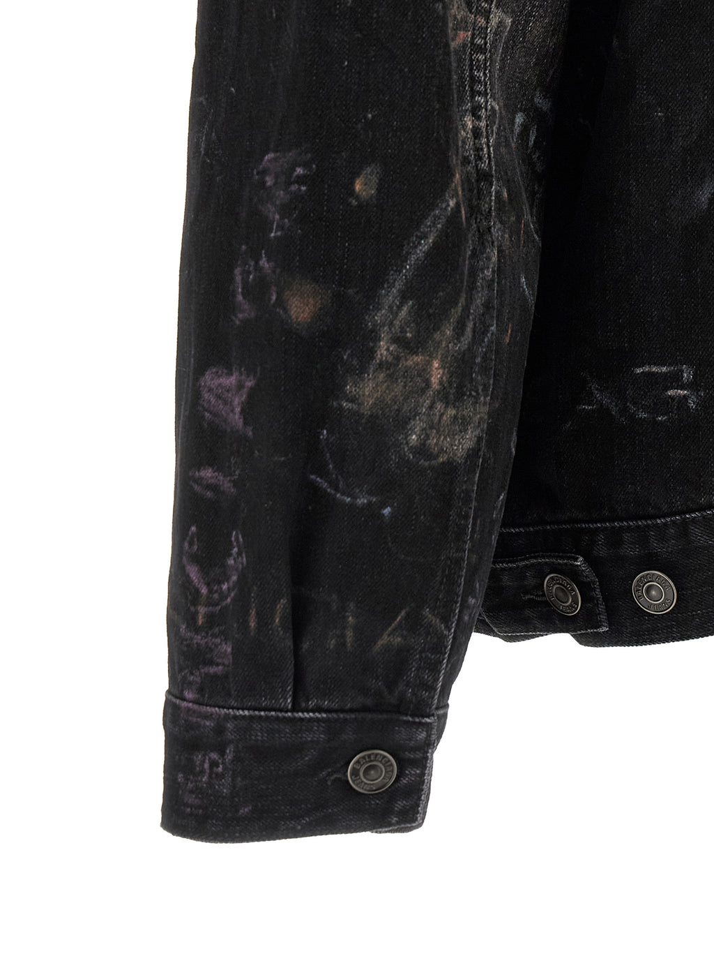 Veste en denim noir en coton de Balenciaga, coupe classique avec détails modernes, visible sur l'image.