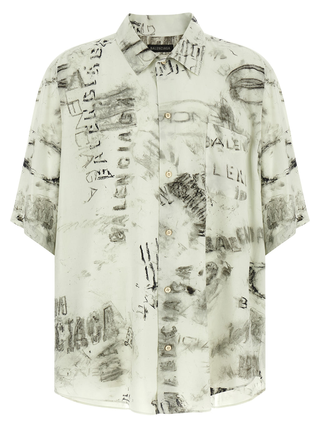 Blouse grise en viscose de Balenciaga, coupe élégante avec détails modernes, portée sur un mannequin.