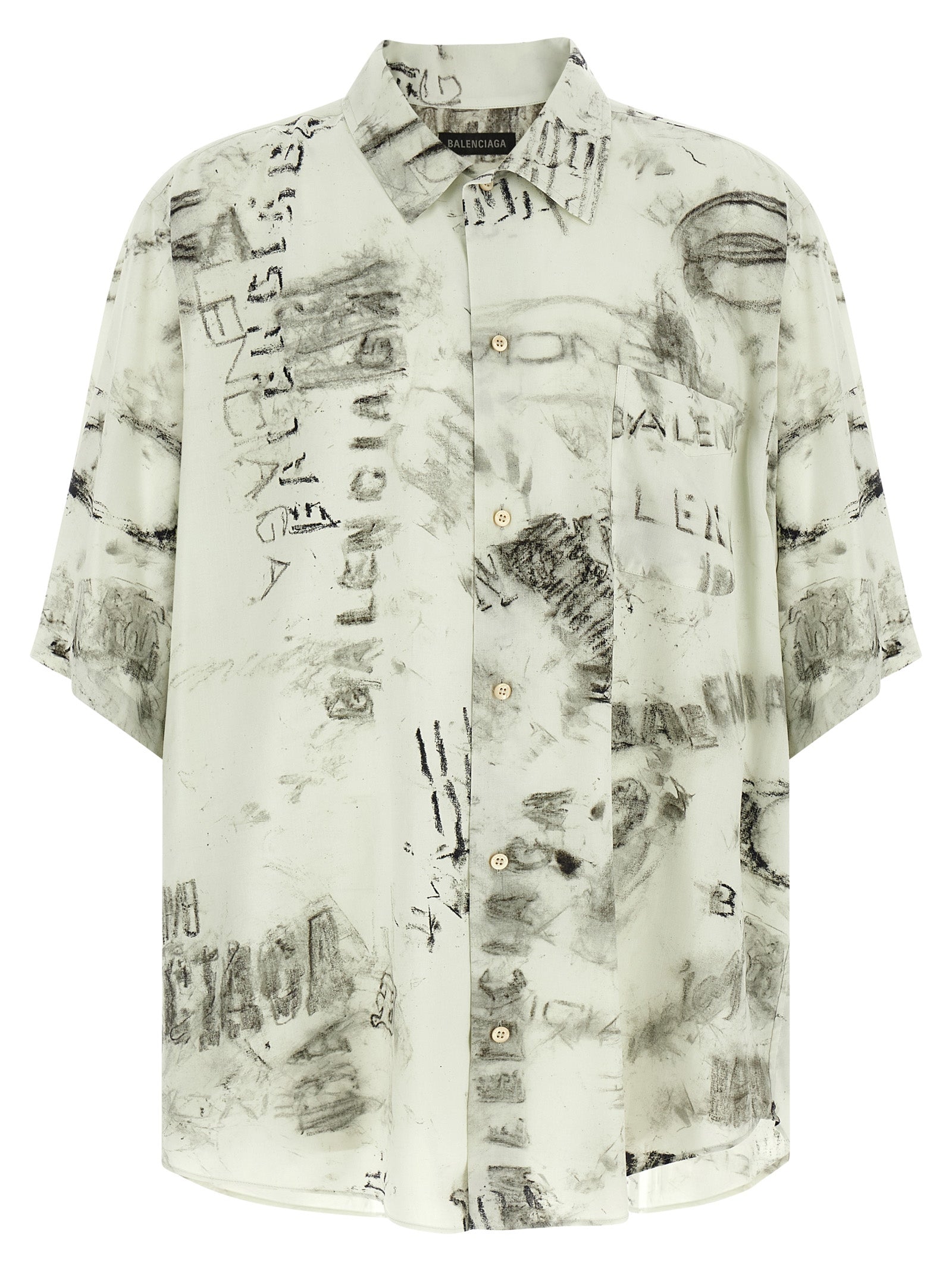 Blouse grise en viscose de Balenciaga, coupe élégante avec détails modernes, portée sur un mannequin.