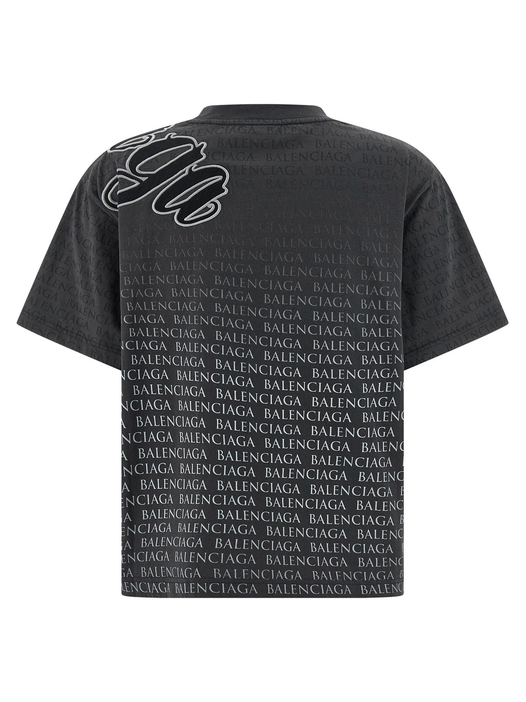 T-shirt noir en coton de la marque Balenciaga, design simple et classique avec logo discret, porté sur mannequin.