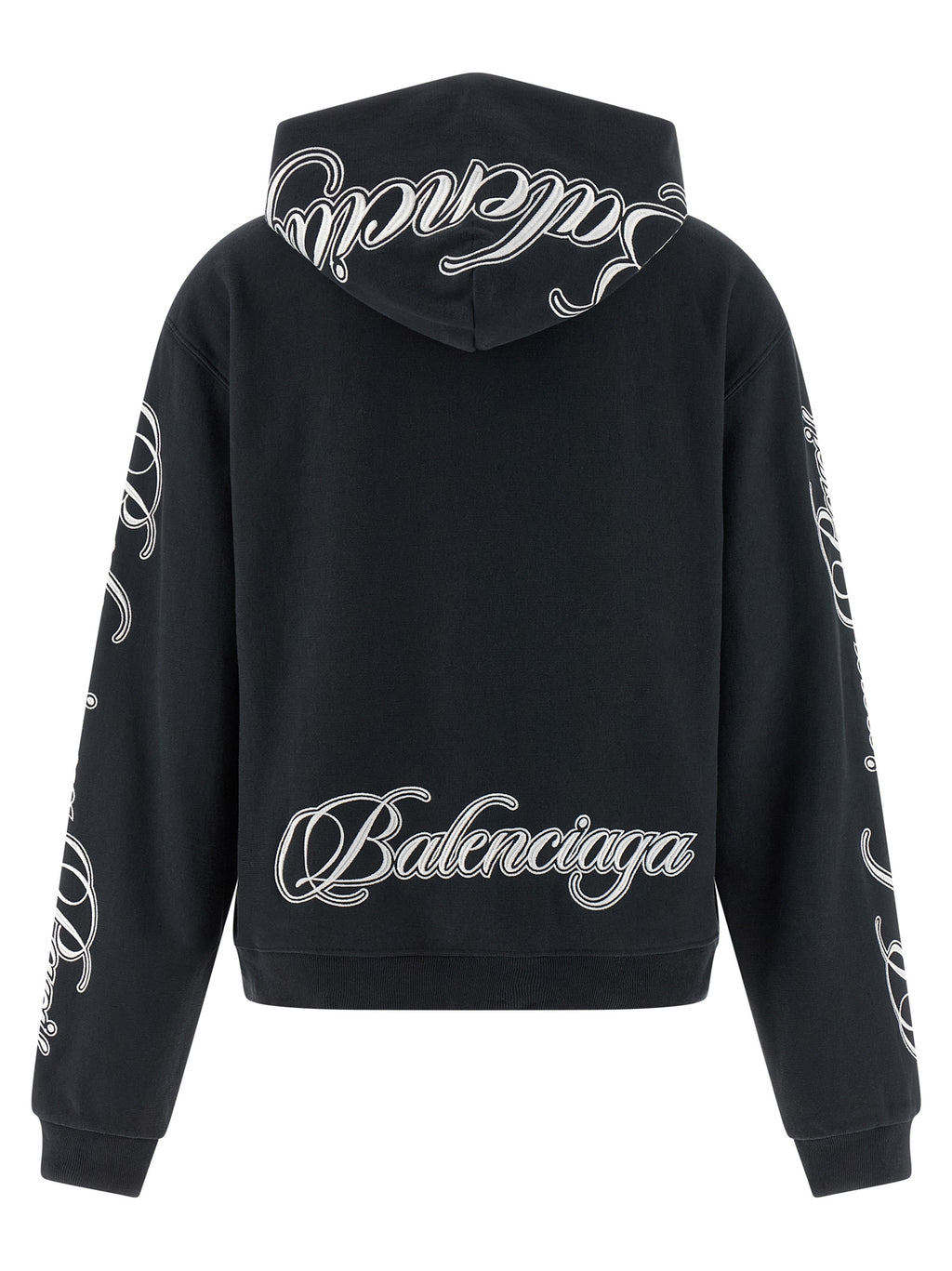 Sweat-shirt en coton noir de Balenciaga, coupe décontractée, avec logo discret sur la poitrine, porté sur un mannequin.
