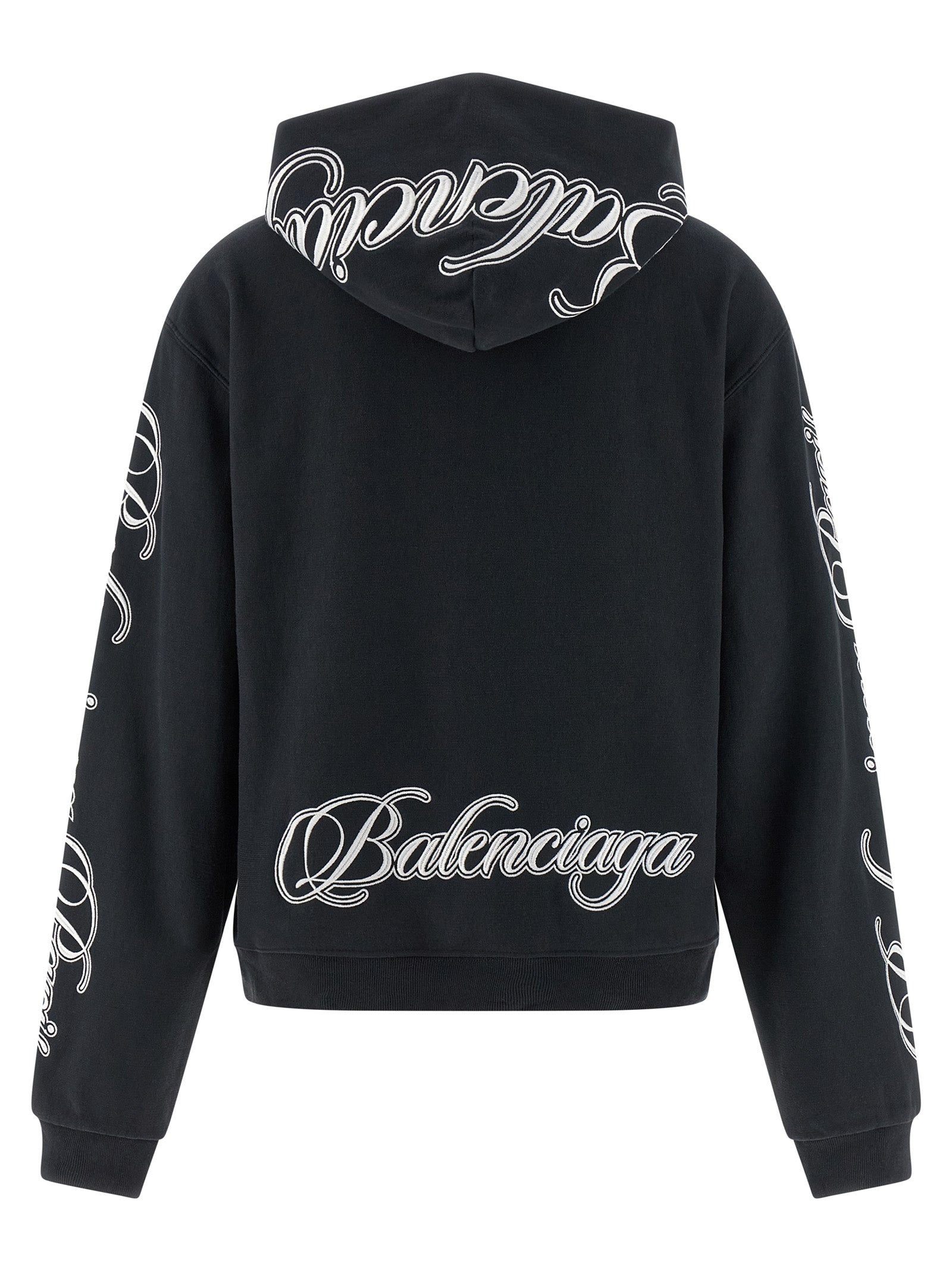 Sweat-shirt en coton noir de Balenciaga, coupe décontractée, avec logo discret sur la poitrine, porté sur un mannequin.