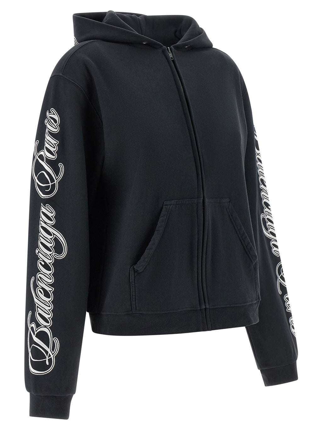 Sweatshirt en coton noir Balenciaga, silhouette décontractée, logo discret sur la poitrine, vue de face.