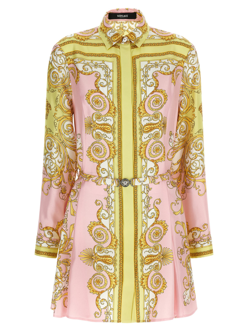 Robe courte en soie multicolore Versace, vêtement élégant avec motifs vibrants, portée chic pour occasions spéciales.
