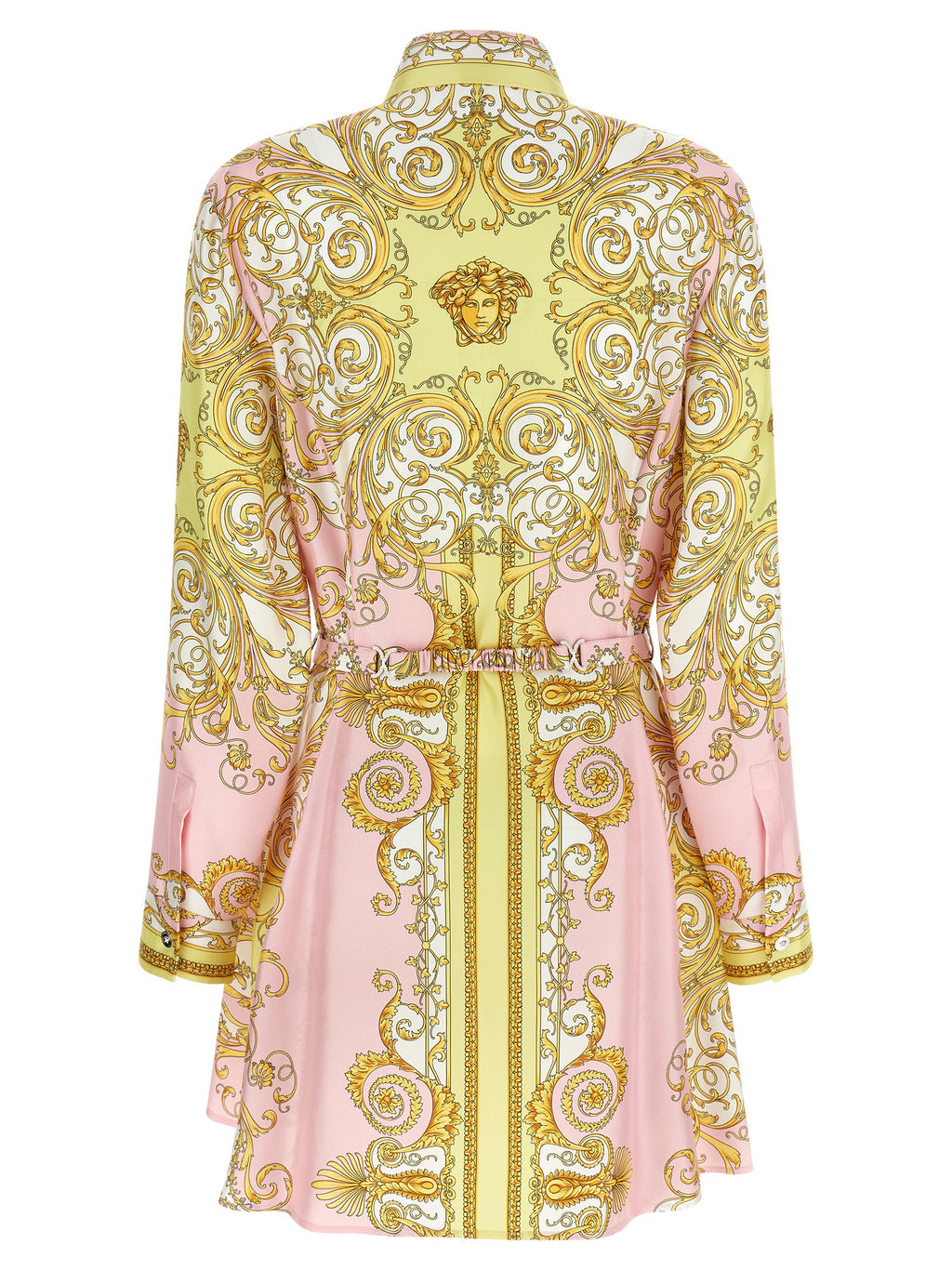Robe courte en soie multicolore Versace, élégante et fluide, avec un design vibrant et sophistiqué visible sur l'image.