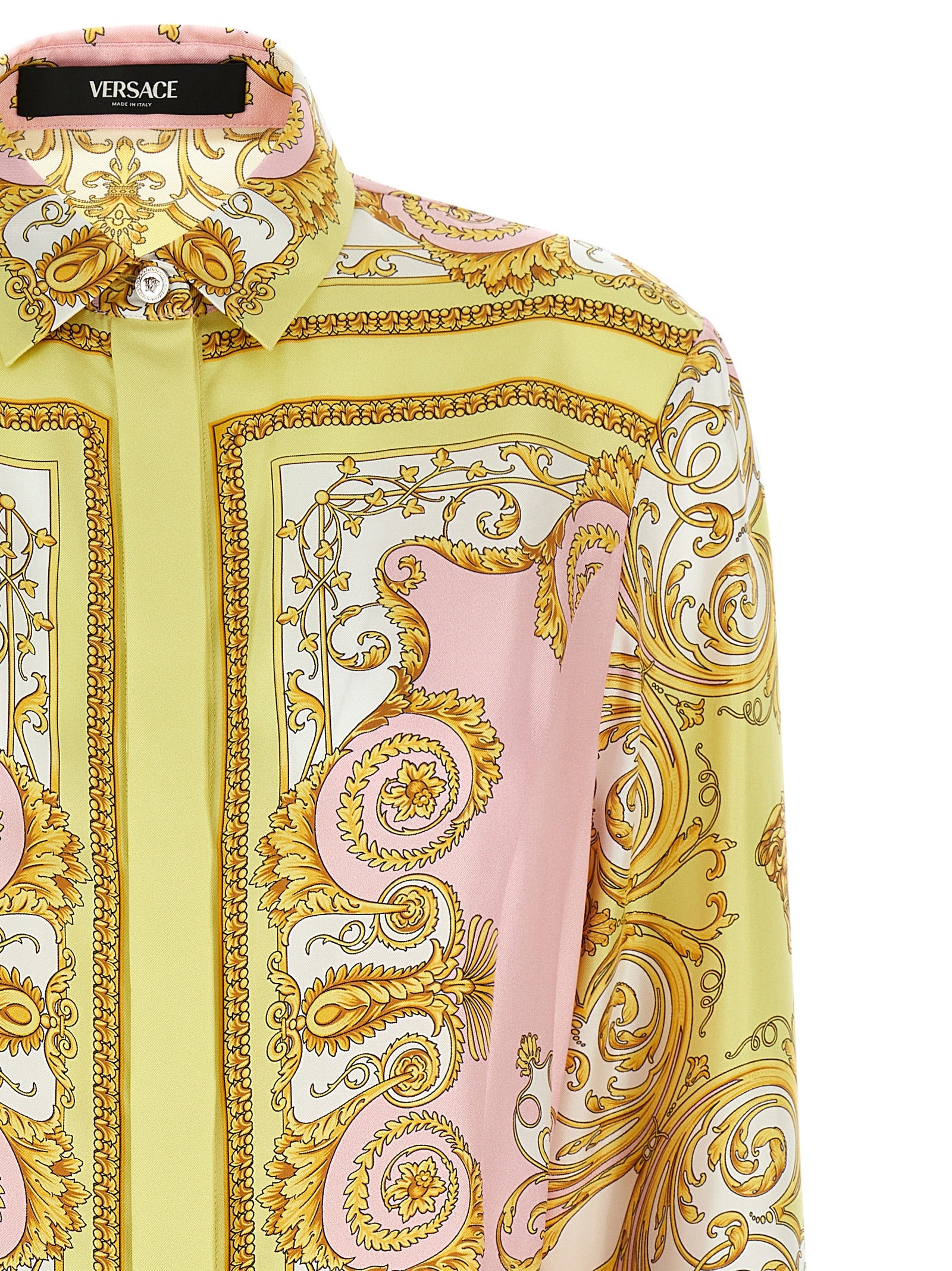 Robe courte en soie multicolore Versace avec motif élégant, manches courtes et coupe sophistiquée, parfaite pour une tenue élégante.