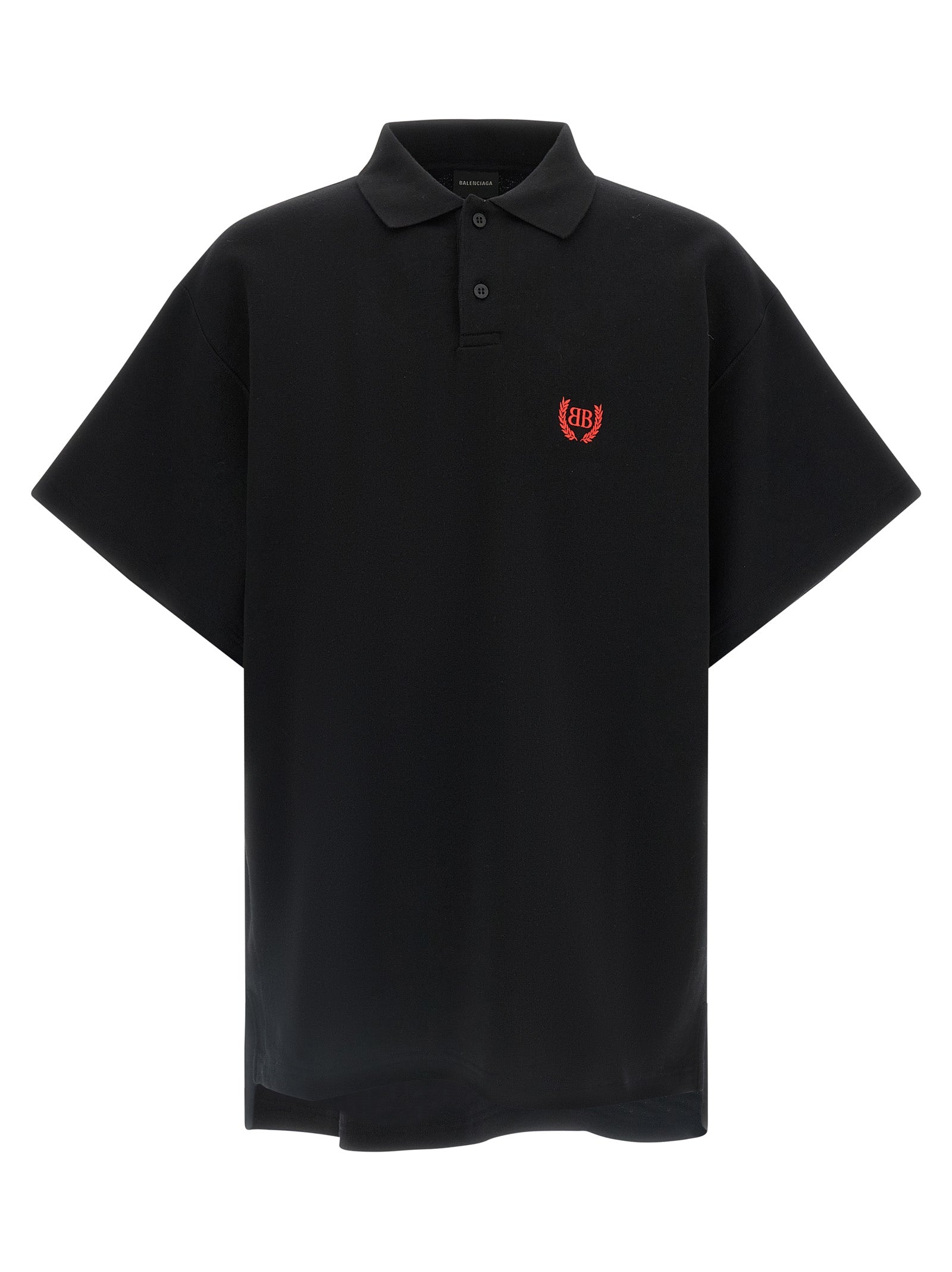 Polo en coton noir de la marque Balenciaga, chemise classique avec col et boutons, vue de face sur fond blanc