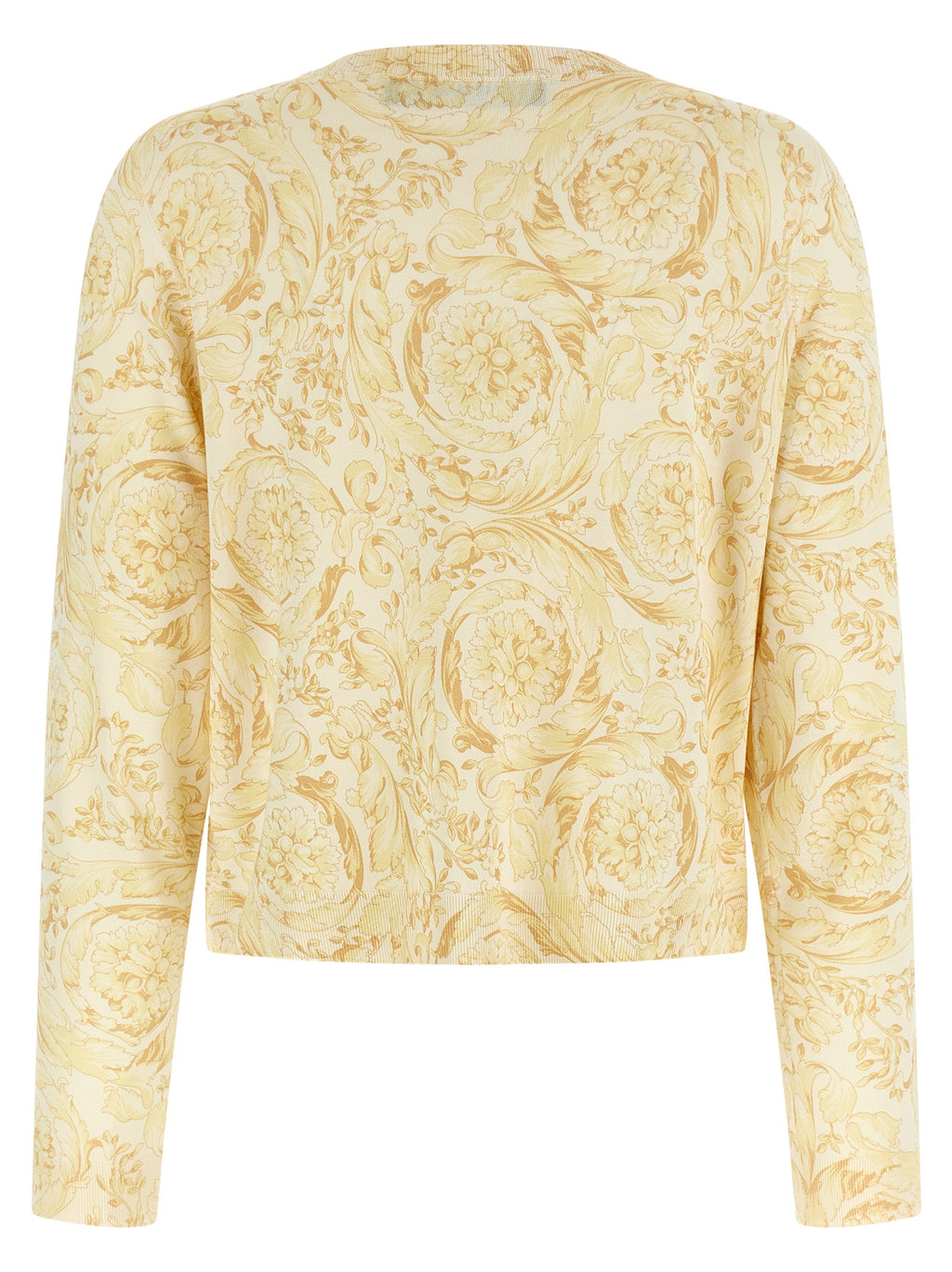 Cardigan en soie bicolore Versace porté par un mannequin, détails colorés et logo emblématique de la marque.