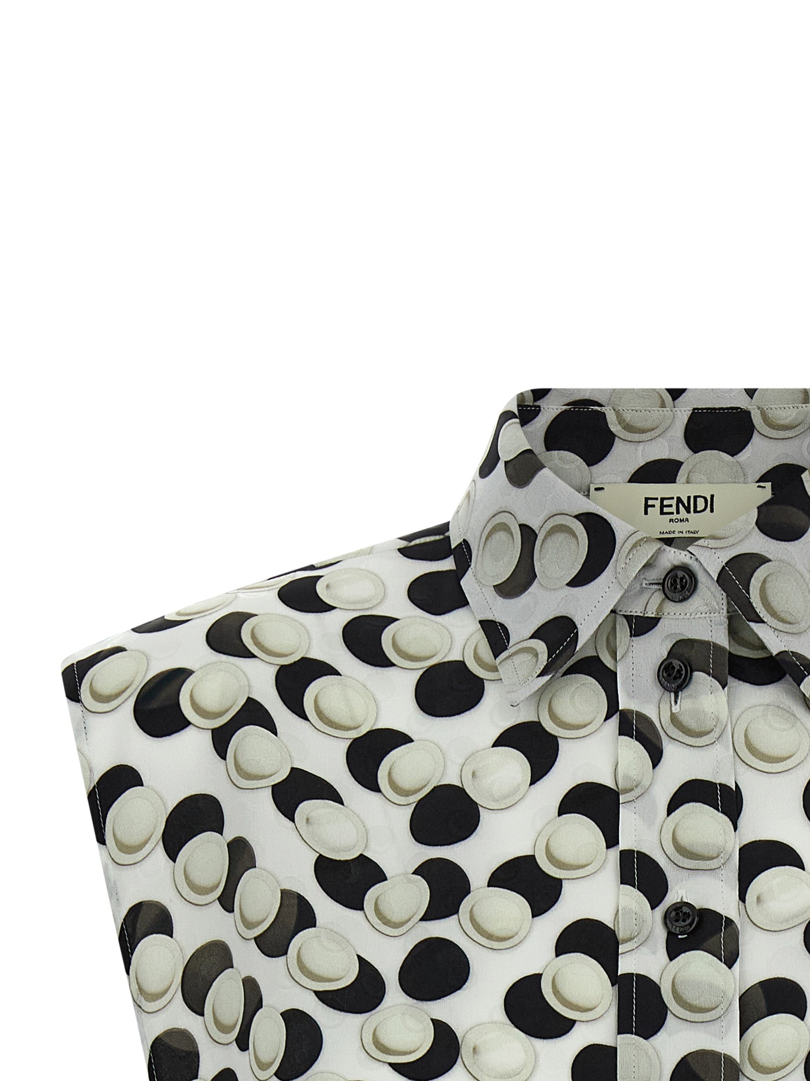 Chemise en soie multicolore Fendi avec motif coloré, boutons et col classique, vue de face.