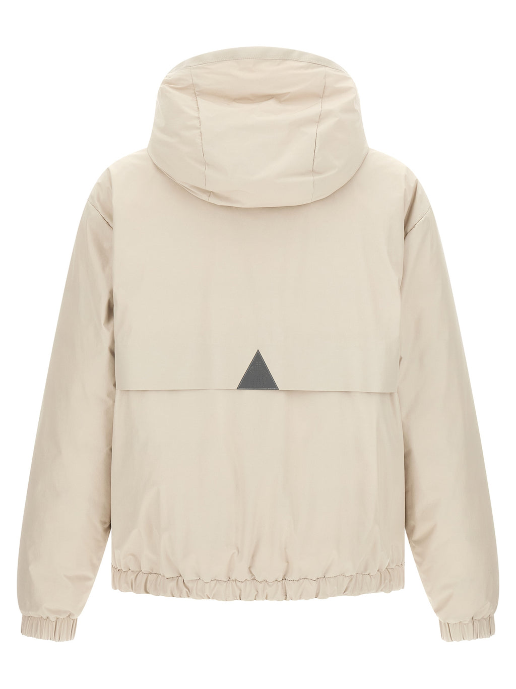 Veste en polyamide beige Moncler Grenoble, coupe-vent et résistante, avec capuche et fermetures zippées visibles.