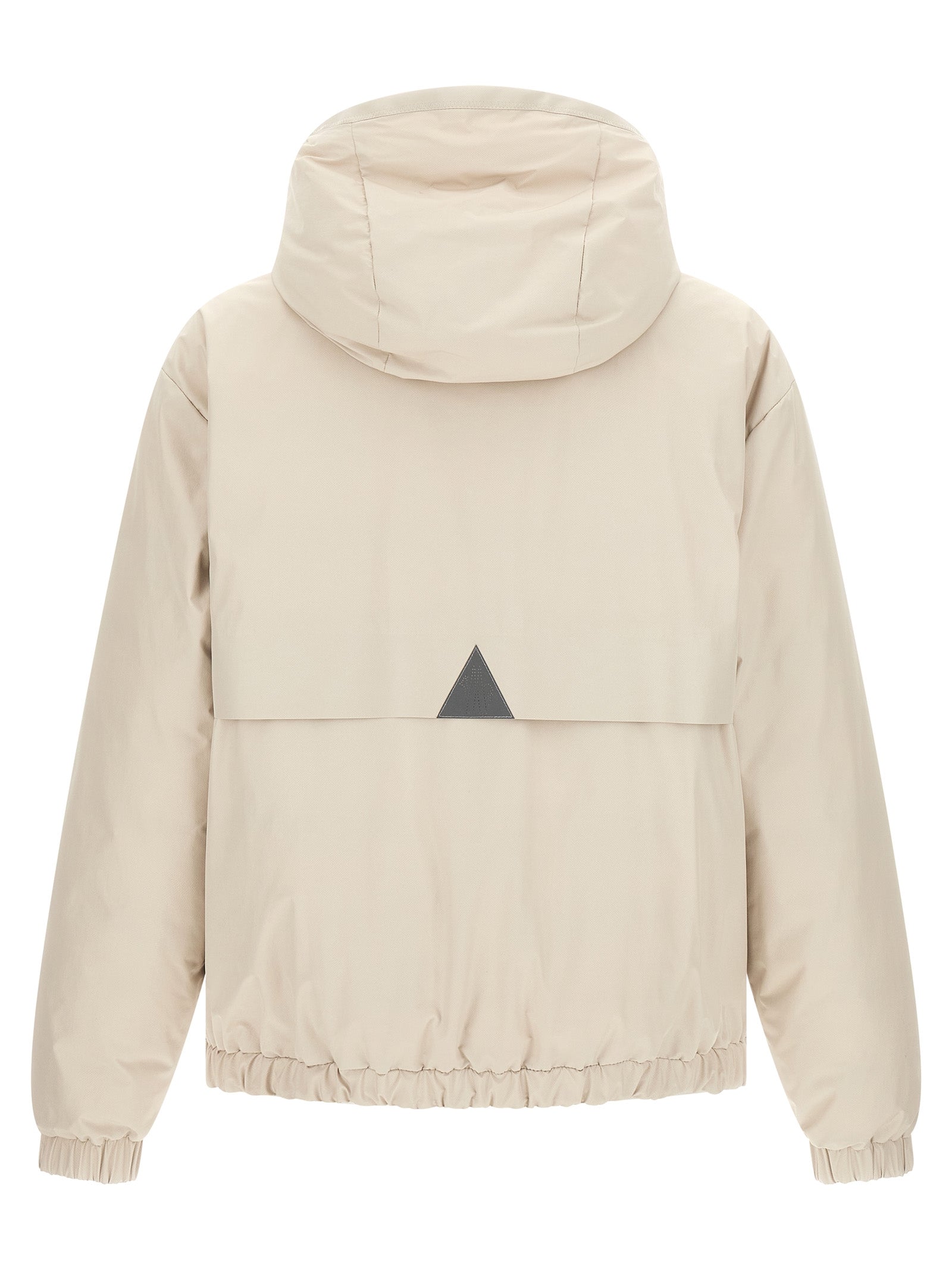 Veste en polyamide beige Moncler Grenoble, coupe-vent et résistante, avec capuche et fermetures zippées visibles.