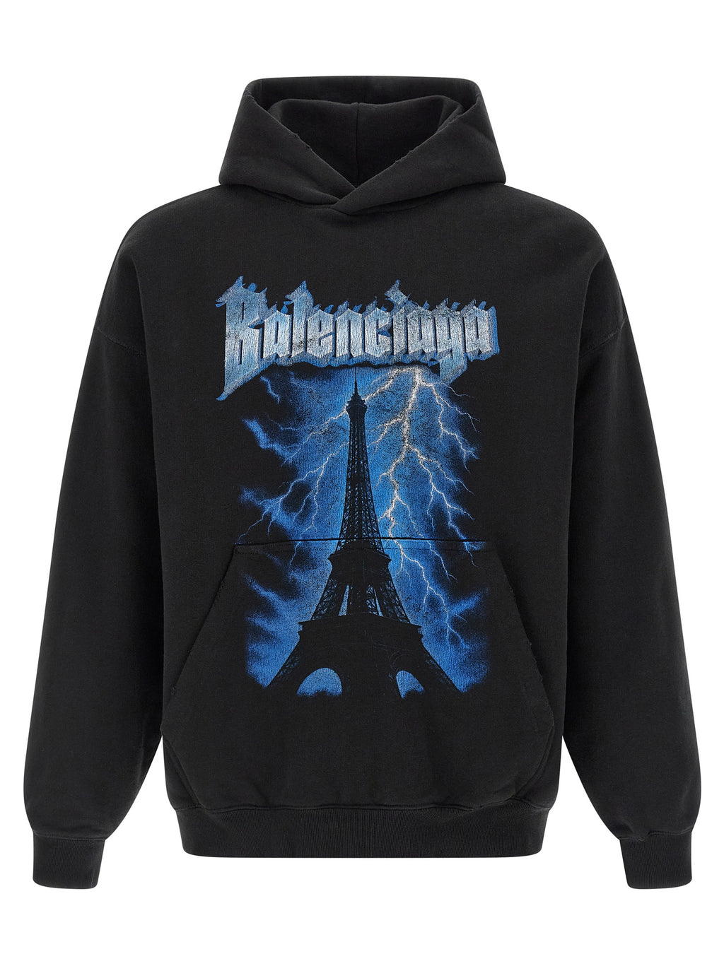 Sweat-shirt noir en coton de Balenciaga, coupe décontractée, avec logo discret en contraste, porté sur mannequin.