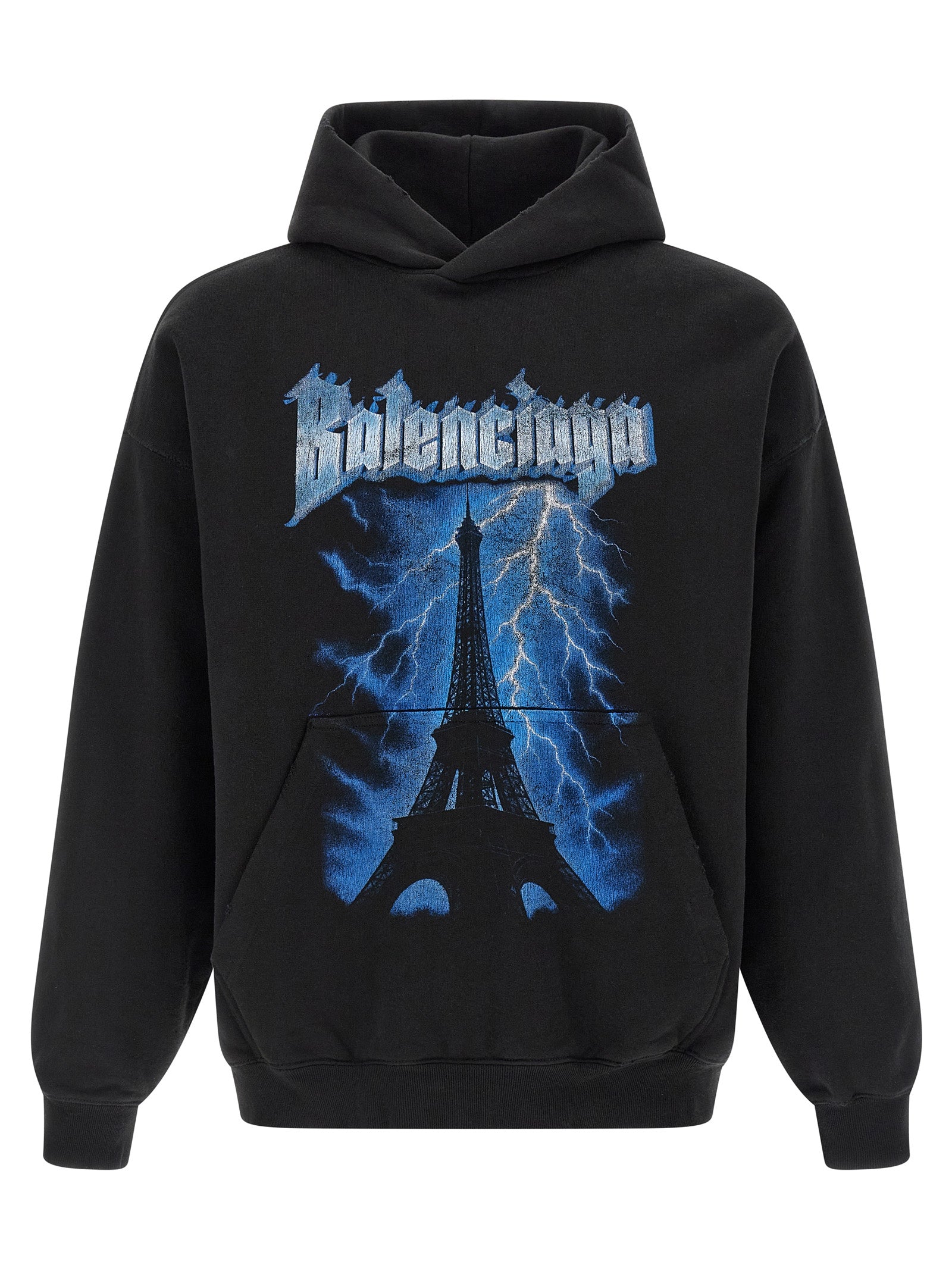 Sweat-shirt noir en coton de Balenciaga, coupe décontractée, avec logo discret en contraste, porté sur mannequin.
