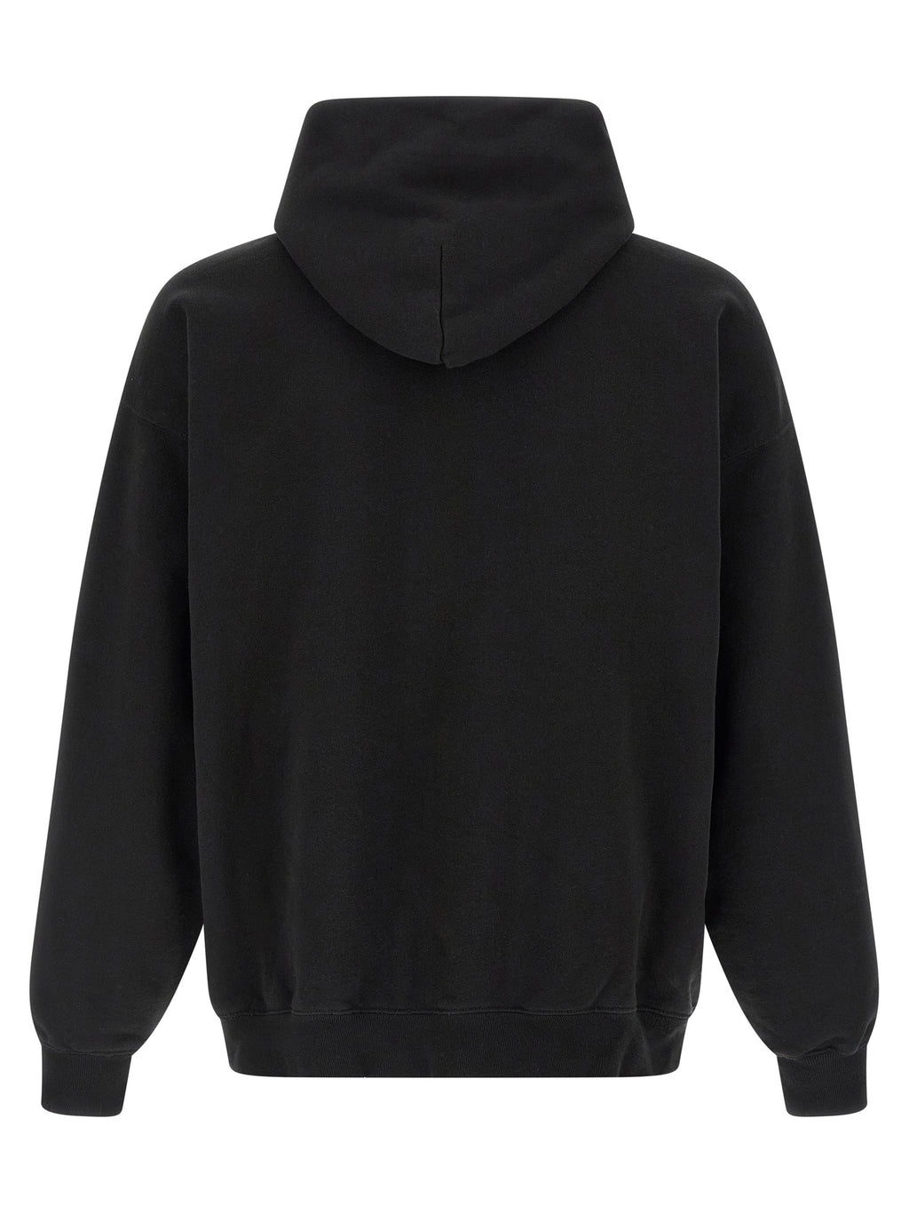 Sweatshirt noire en coton de Balenciaga, look décontracté avec logo de la marque visible, porté sur un mannequin.