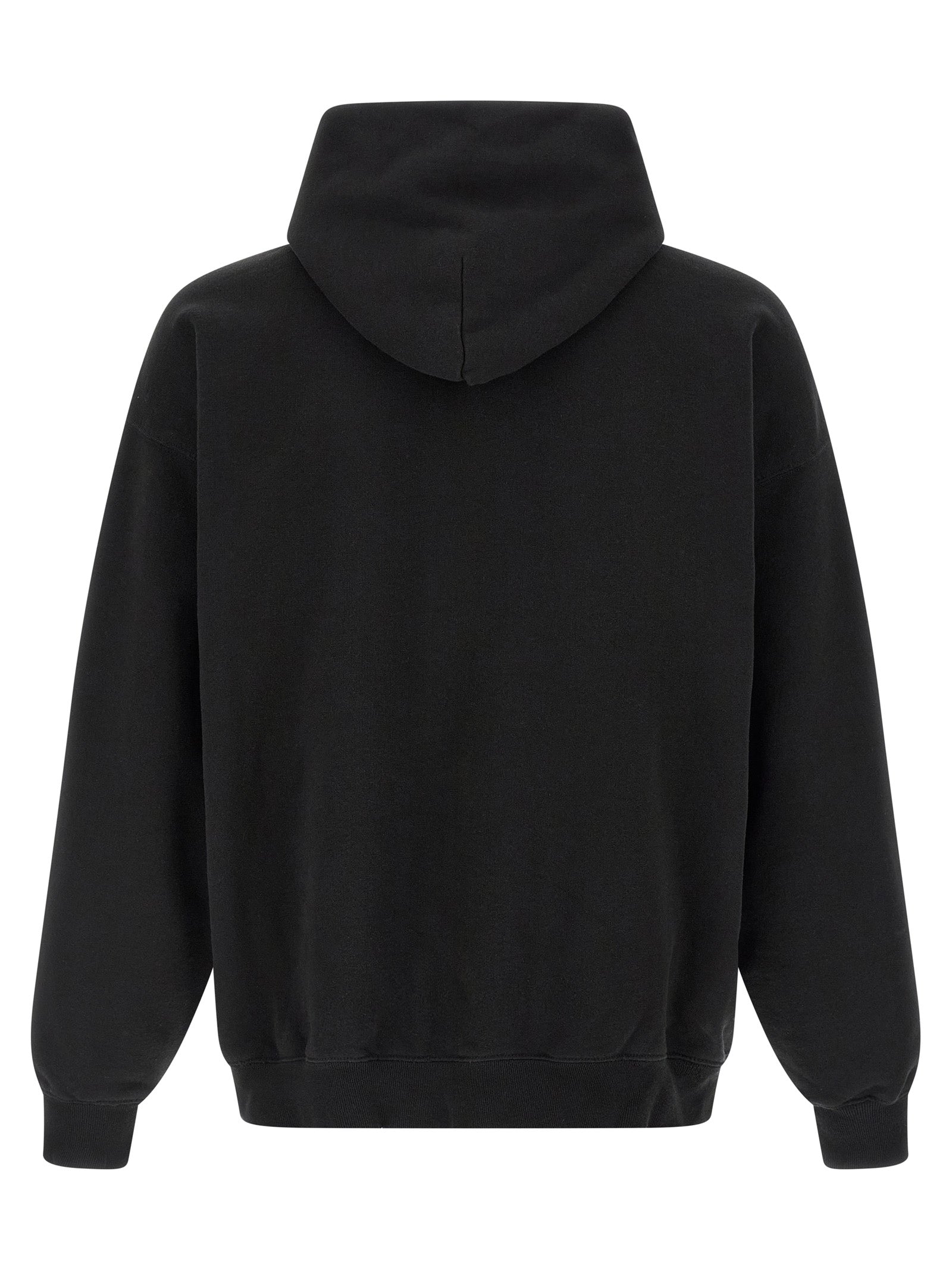 Sweatshirt noire en coton de Balenciaga, look décontracté avec logo de la marque visible, porté sur un mannequin.