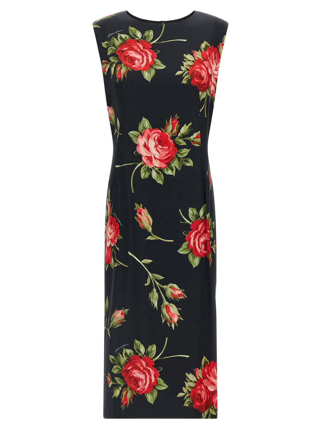 Robe midi en viscose noire de Dolce & Gabbana, élégante et fluide, portée avec des détails sophistiqués.