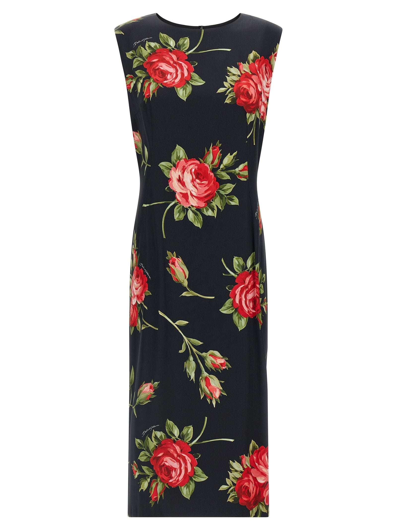 Robe midi en viscose noire de Dolce & Gabbana, élégante et fluide, portée avec des détails sophistiqués.