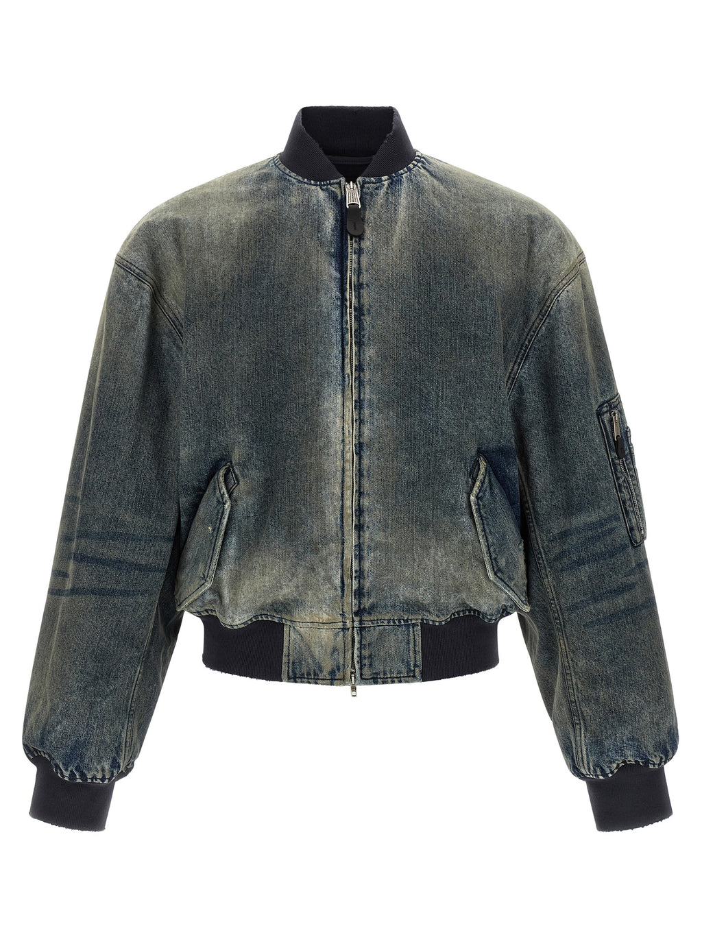Veste bomber gris en polyester de Balenciaga, vue de face avec détails de style moderne et logo subtil visible.