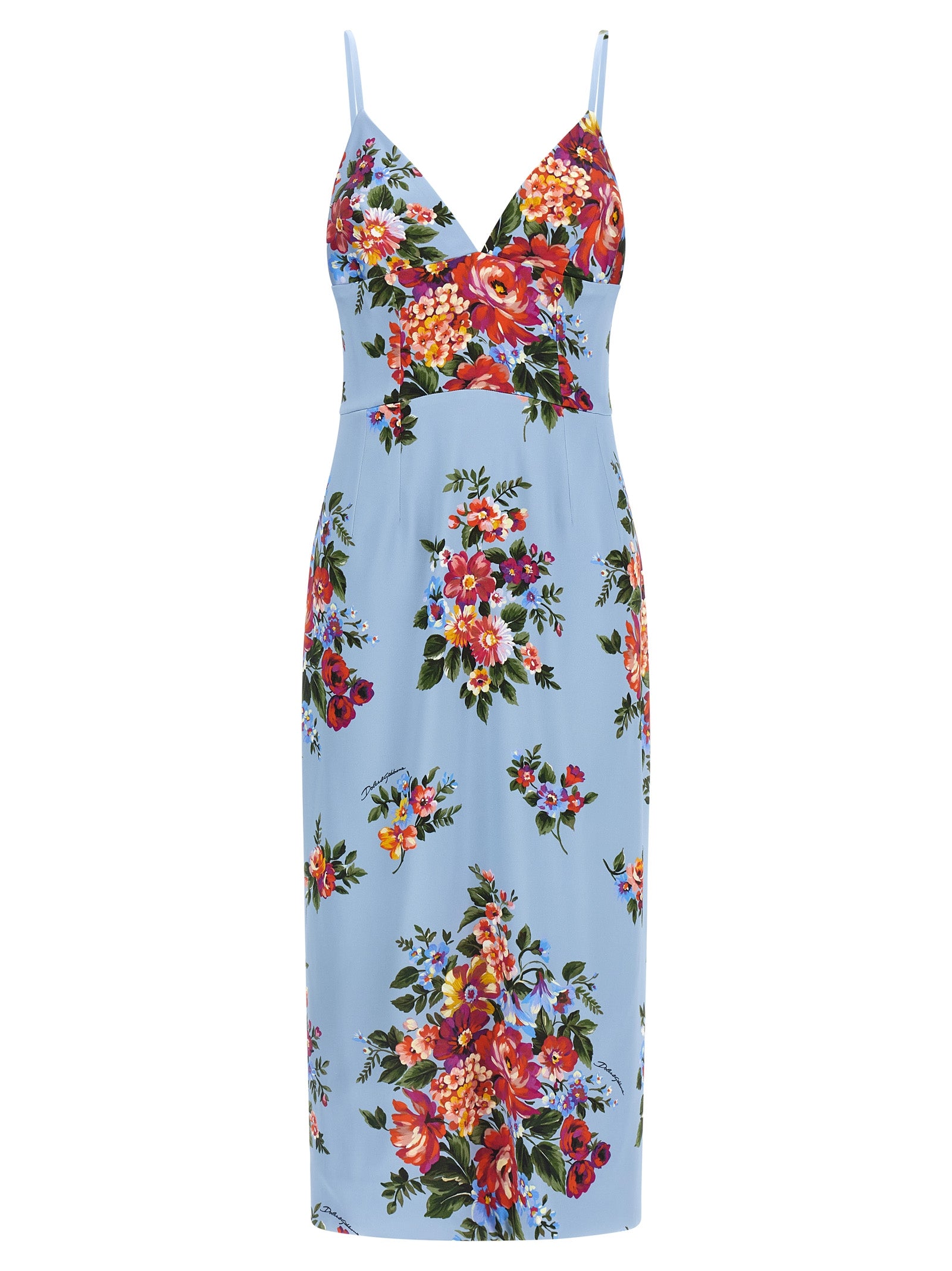 Robe midi en viscose bleue de Dolce & Gabbana, élégante et fluide avec décolleté en V et détails sophistiqués.