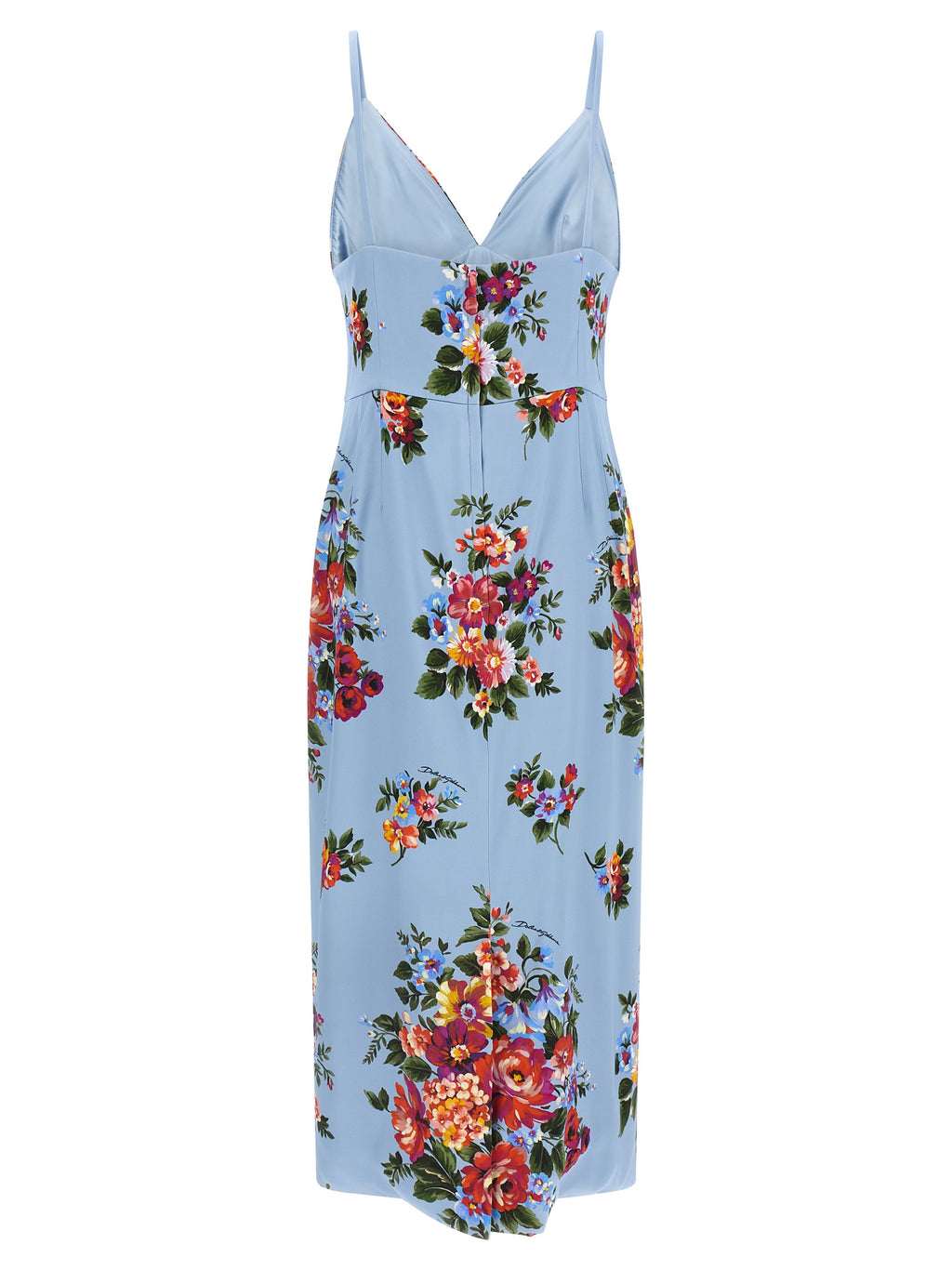 Robe midi en viscose bleue de Dolce & Gabbana avec décolleté en V et détails élégants sur le tissu.