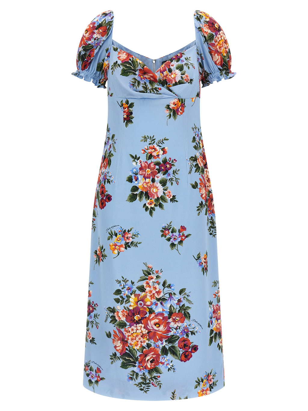 Robe midi en soie bleue de Dolce & Gabbana, élégante et fluide, avec un design sophistiqué et un tissu luxueux visible sur l'image.