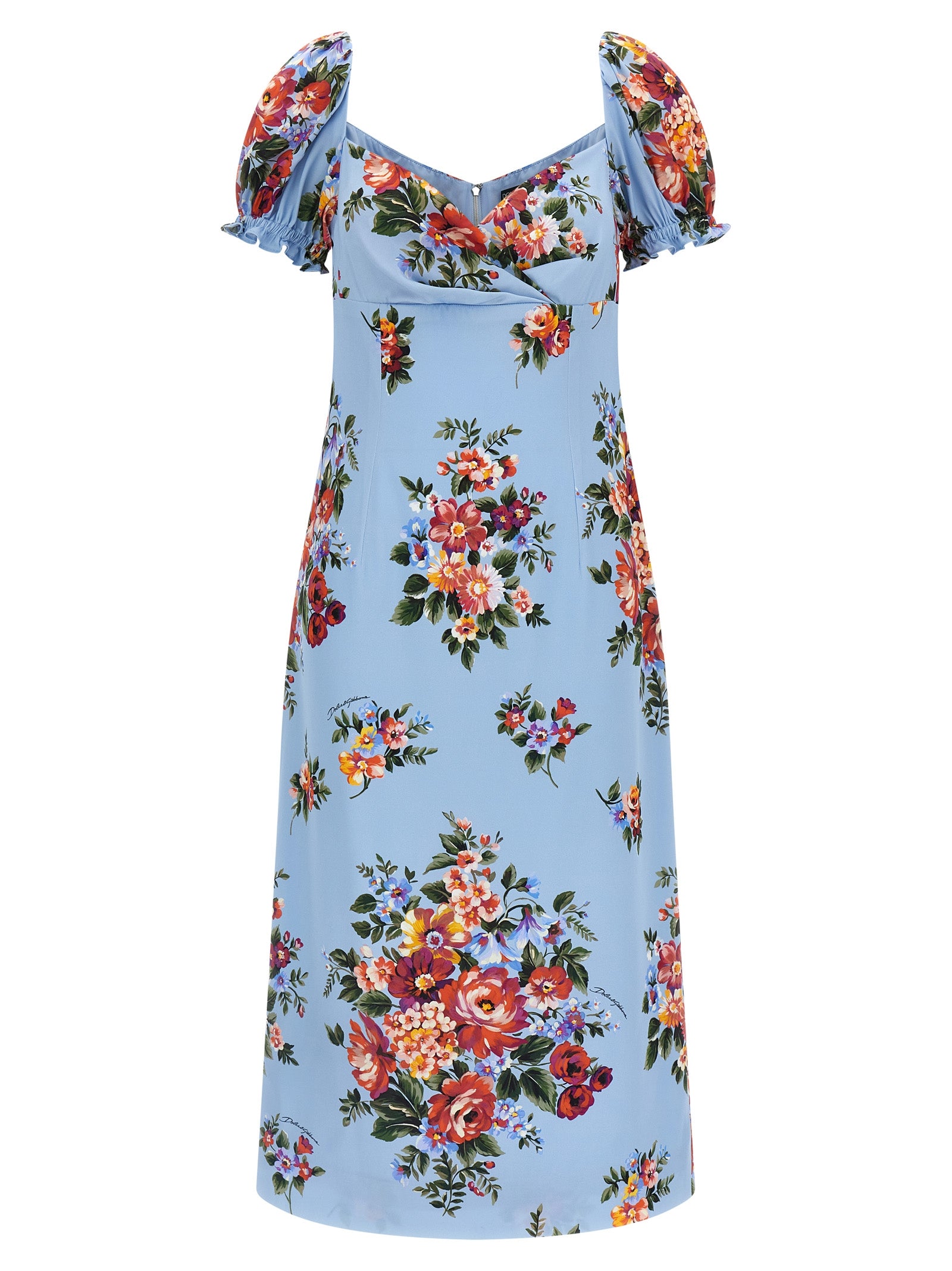 Robe midi en soie bleue de Dolce & Gabbana, élégante et fluide, avec un design sophistiqué et un tissu luxueux visible sur l'image.