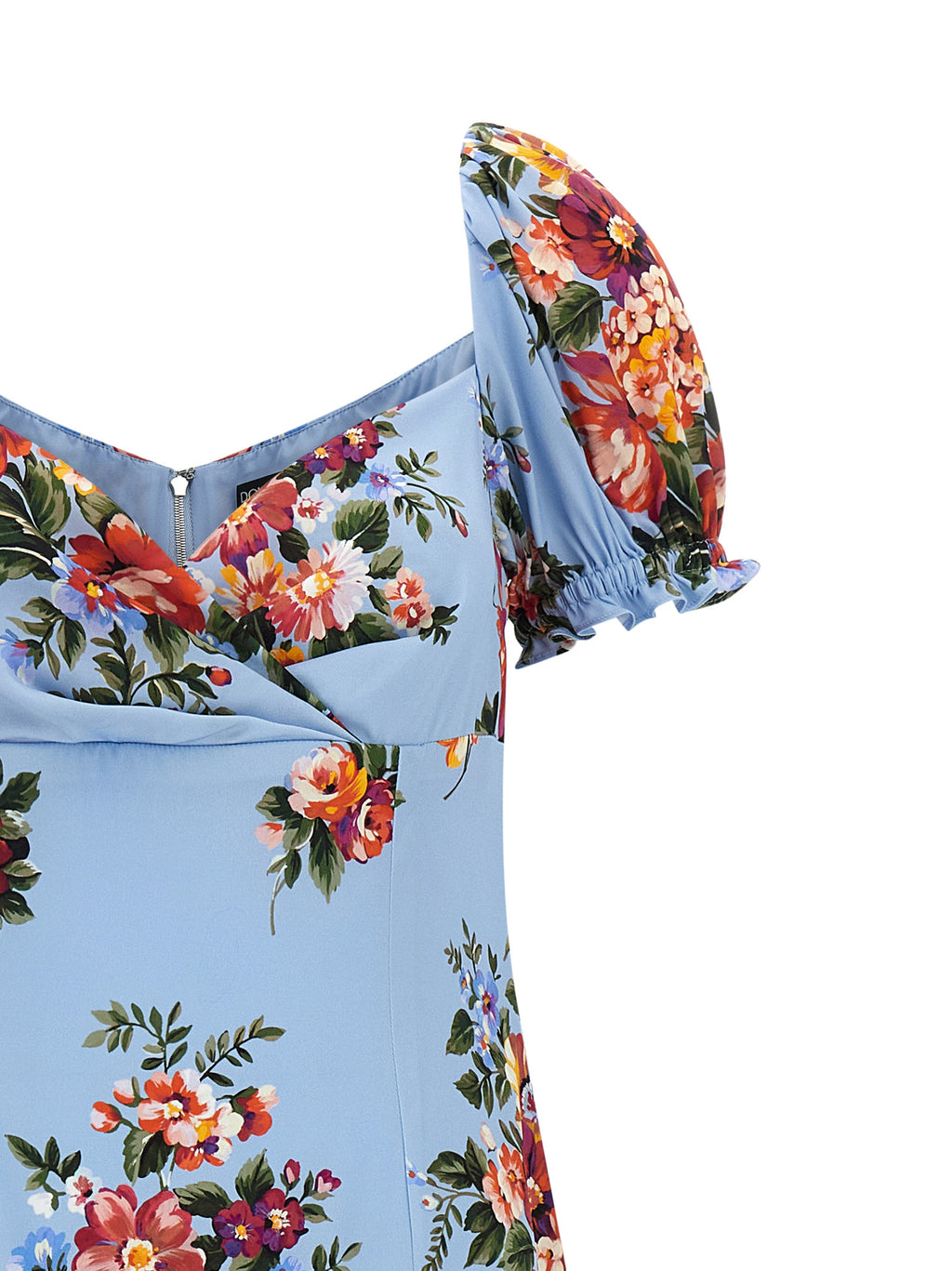 Robe midi en soie bleue de Dolce & Gabbana, élégante et fluide, avec un design sophistiqué et un col en V.