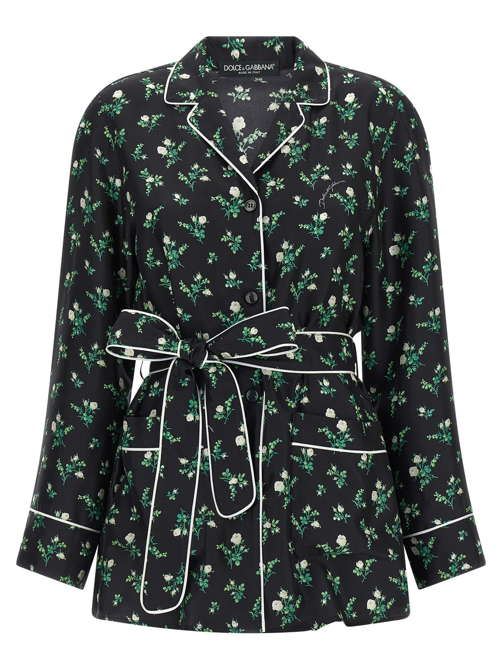 Blouse en soie noire Dolce & Gabbana, élégante et fluide, avec détails sophistiqués visibles sur l'image.