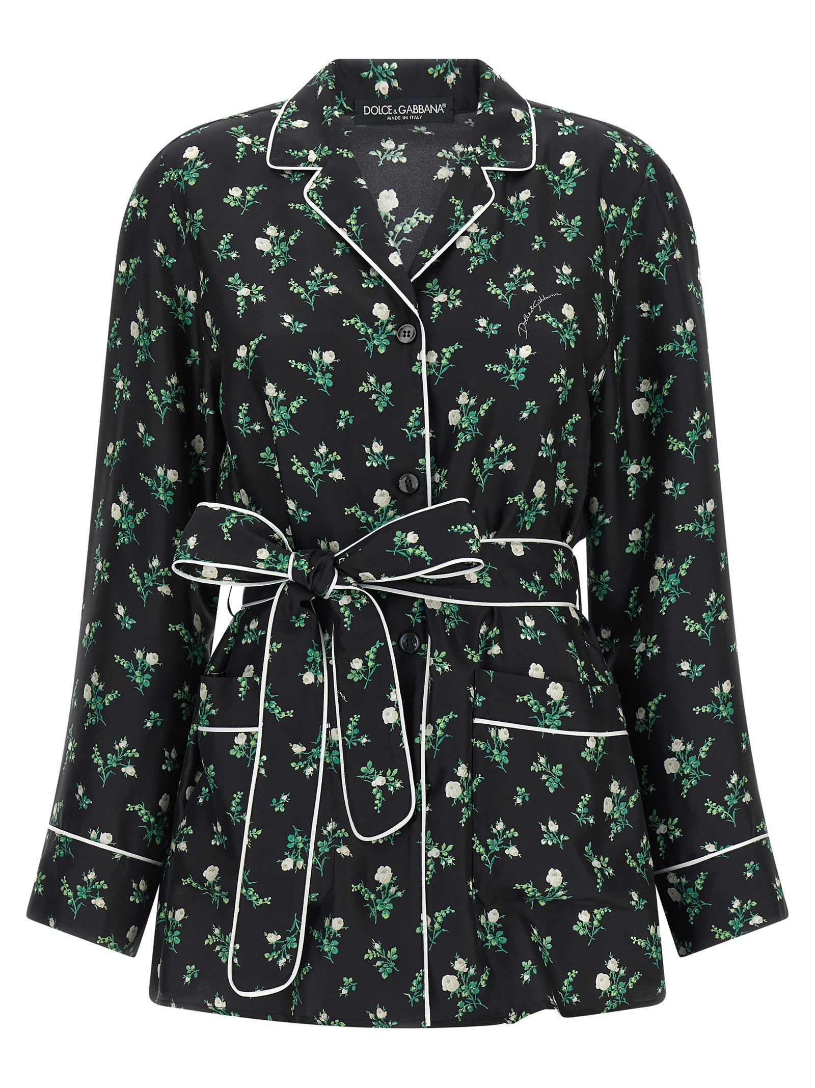 Blouse en soie noire Dolce & Gabbana, élégante et fluide, avec détails sophistiqués visibles sur l'image.