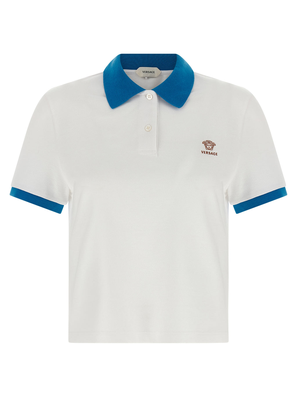 Chemise polo en coton bleu de la marque Versace, avec logo et design élégant visible sur le devant.