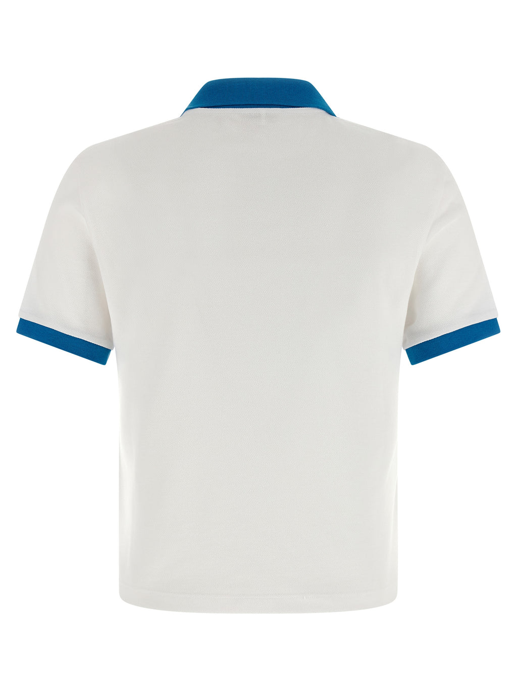 Chemise polo en coton bleu Versace, élégante avec logo distinctif, portée décontractée ou habillée.