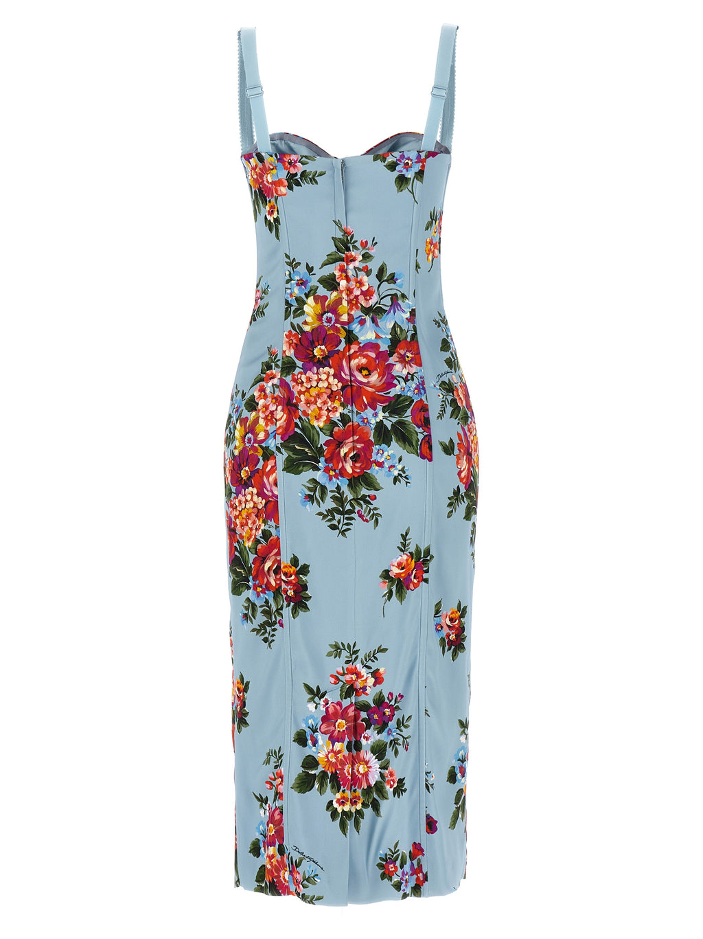 Robe midi en viscose bleue de Dolce & Gabbana, coupe élégante et fluide, portée avec décolleté et manches longues.
