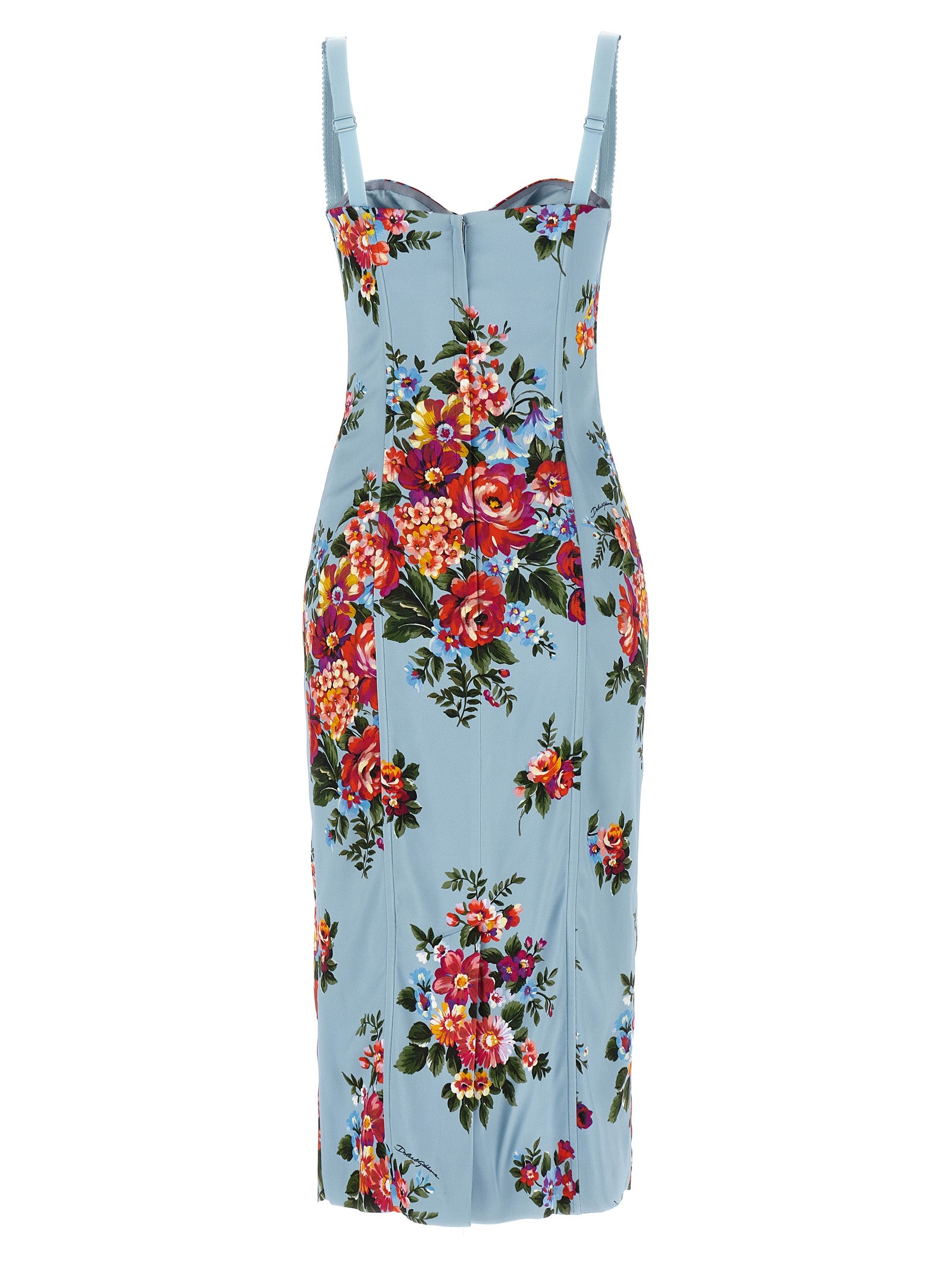 Robe midi en viscose bleue de Dolce & Gabbana, coupe élégante et fluide, portée avec décolleté et manches longues.