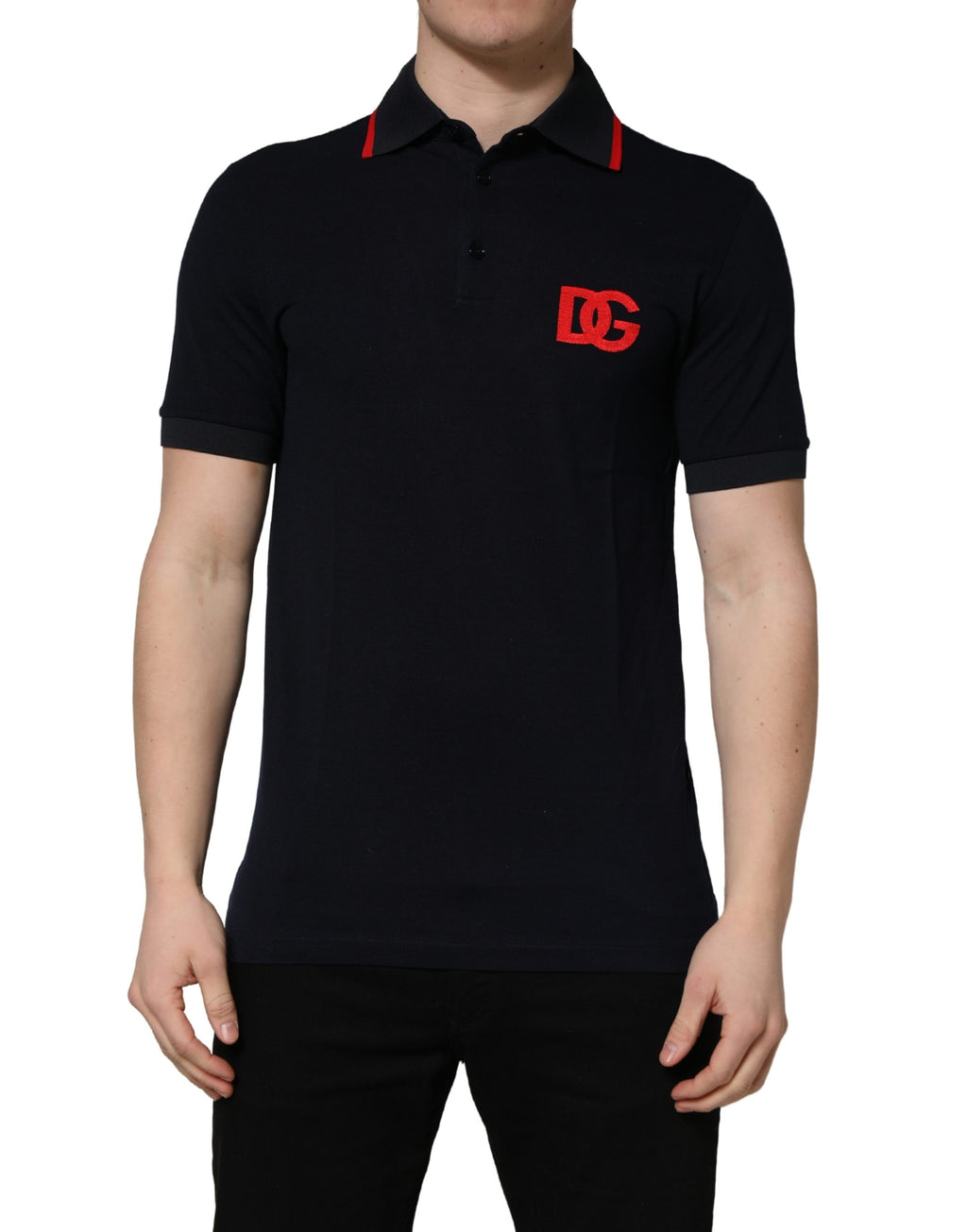 Polo à manches courtes Dolce & Gabbana noir avec logo DG imprimé, col classique et style élégant.