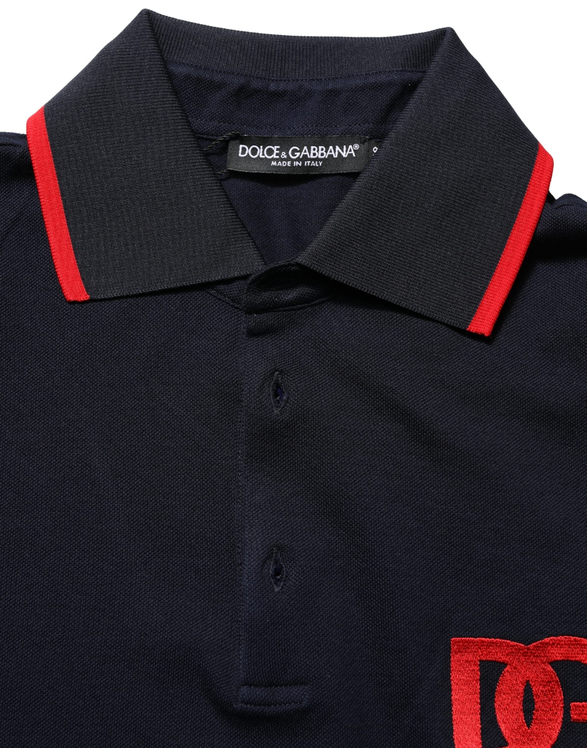 Polo à manches courtes noir Dolce & Gabbana avec logo DG imprimé, tissu en coton, vue de face sur fond blanc