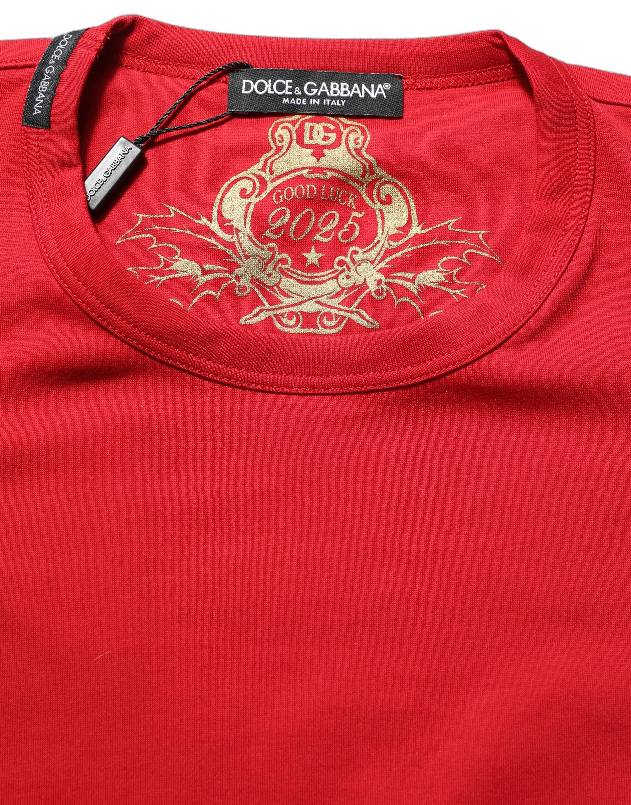 Dolce & Gabbana Rotes Goodluck 2023 Baumwoll-T-Shirt mit Rundhalsausschnitt