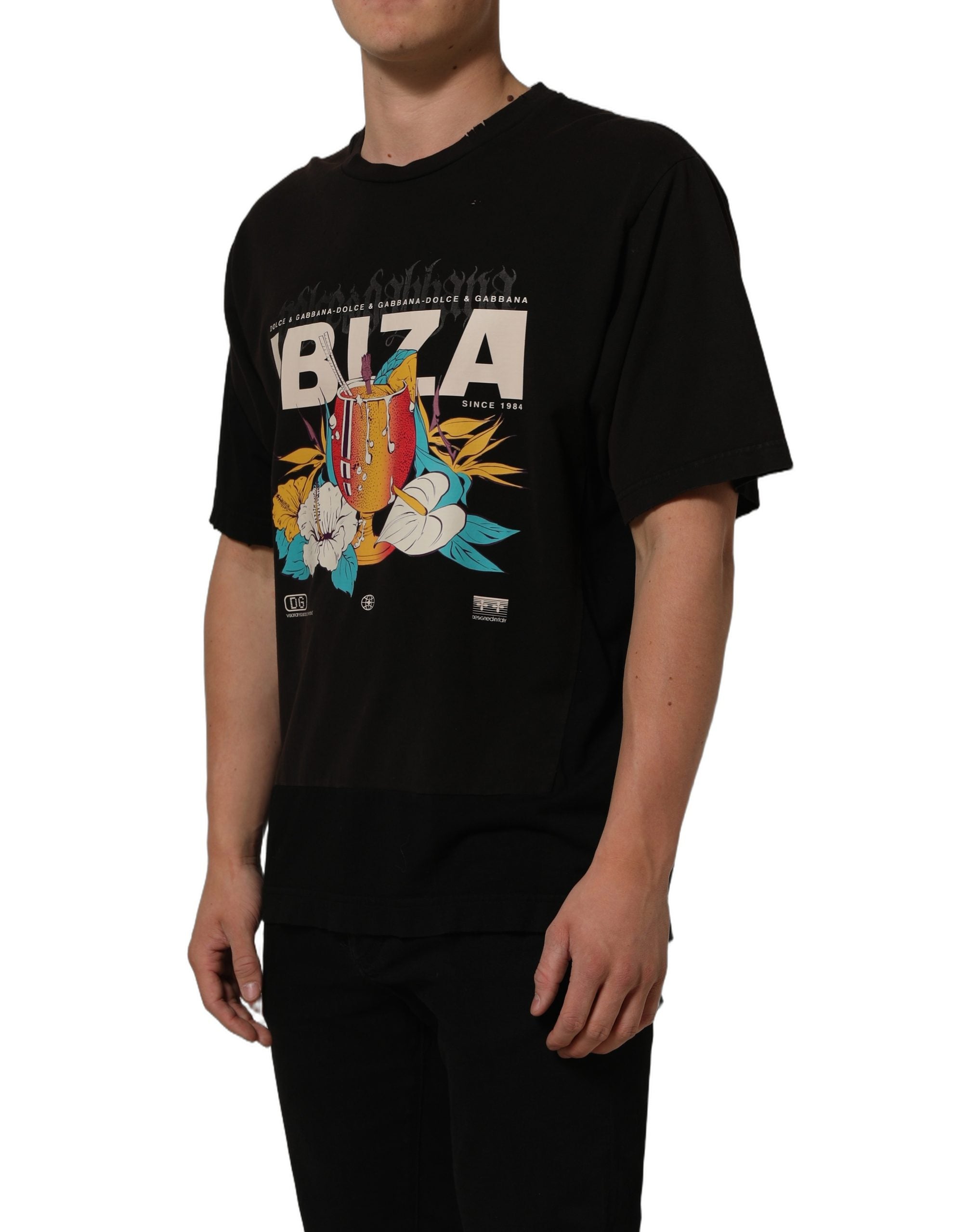 T-shirt homme noir Dolce & Gabbana Tropical "IBIZA" avec col rond, motif tropical, vue de face.