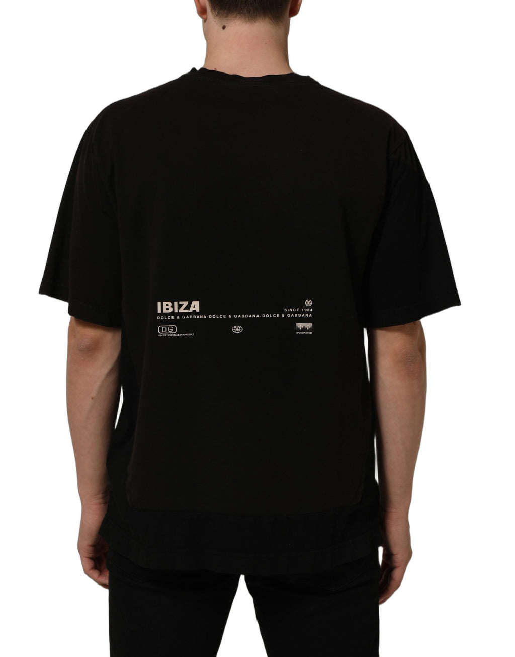 T-shirt homme noir Dolce & Gabbana "IBIZA" à col rond avec motif tropical, style décontracté et moderne.